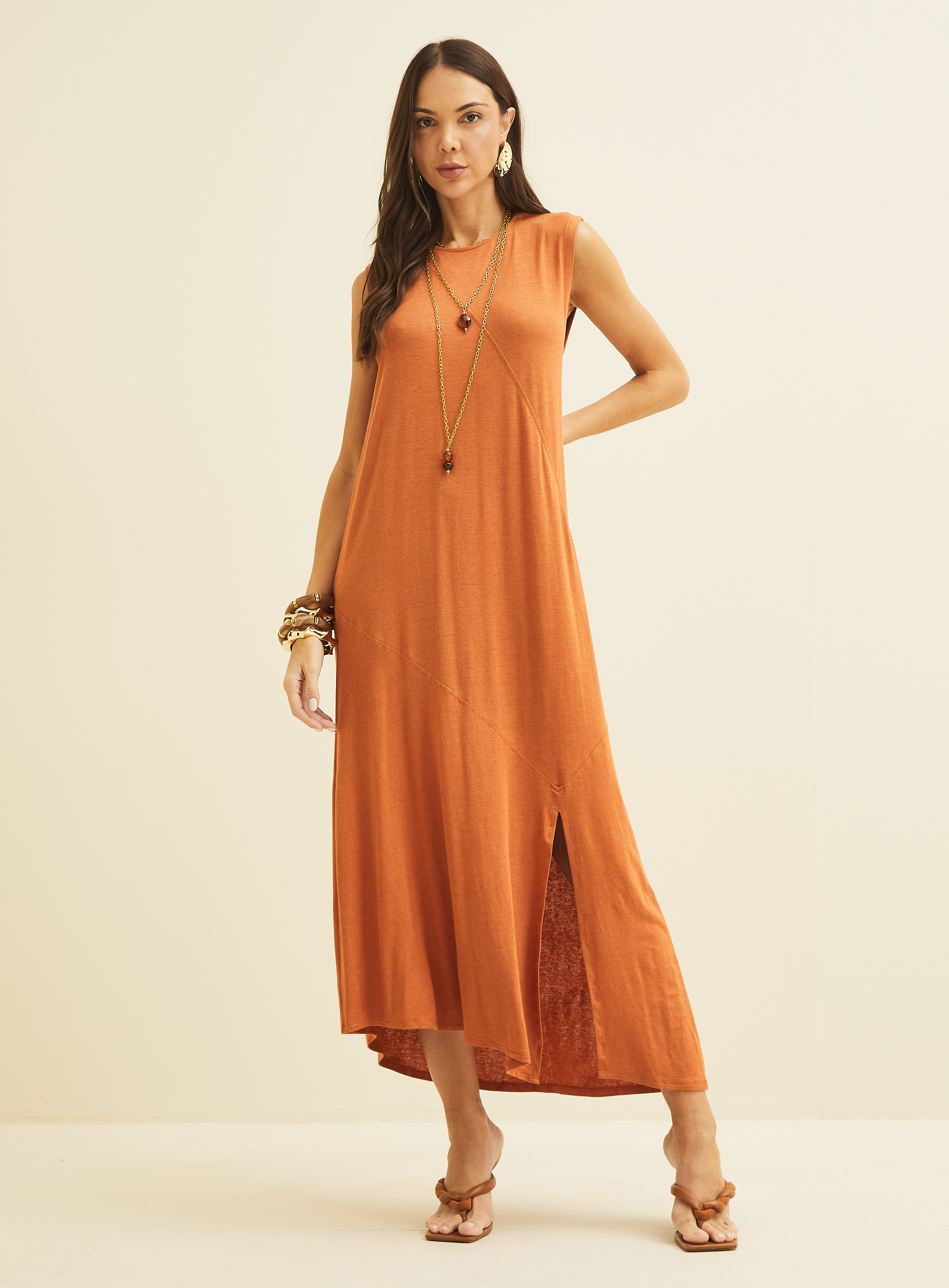 VESTIDO LINHO G MARROM MESCLADO