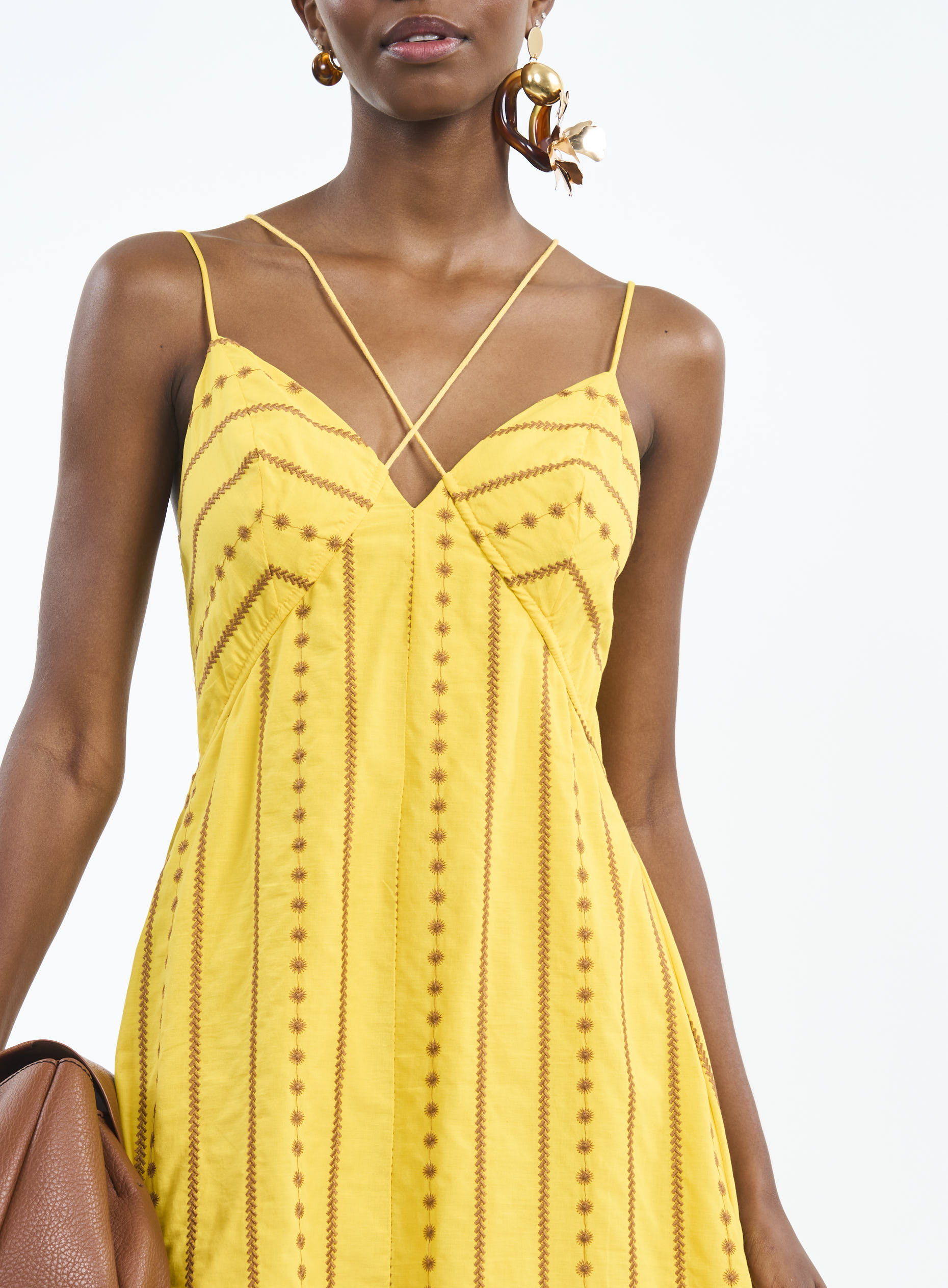 VESTIDO BORDADO G AMARELO/MARROM