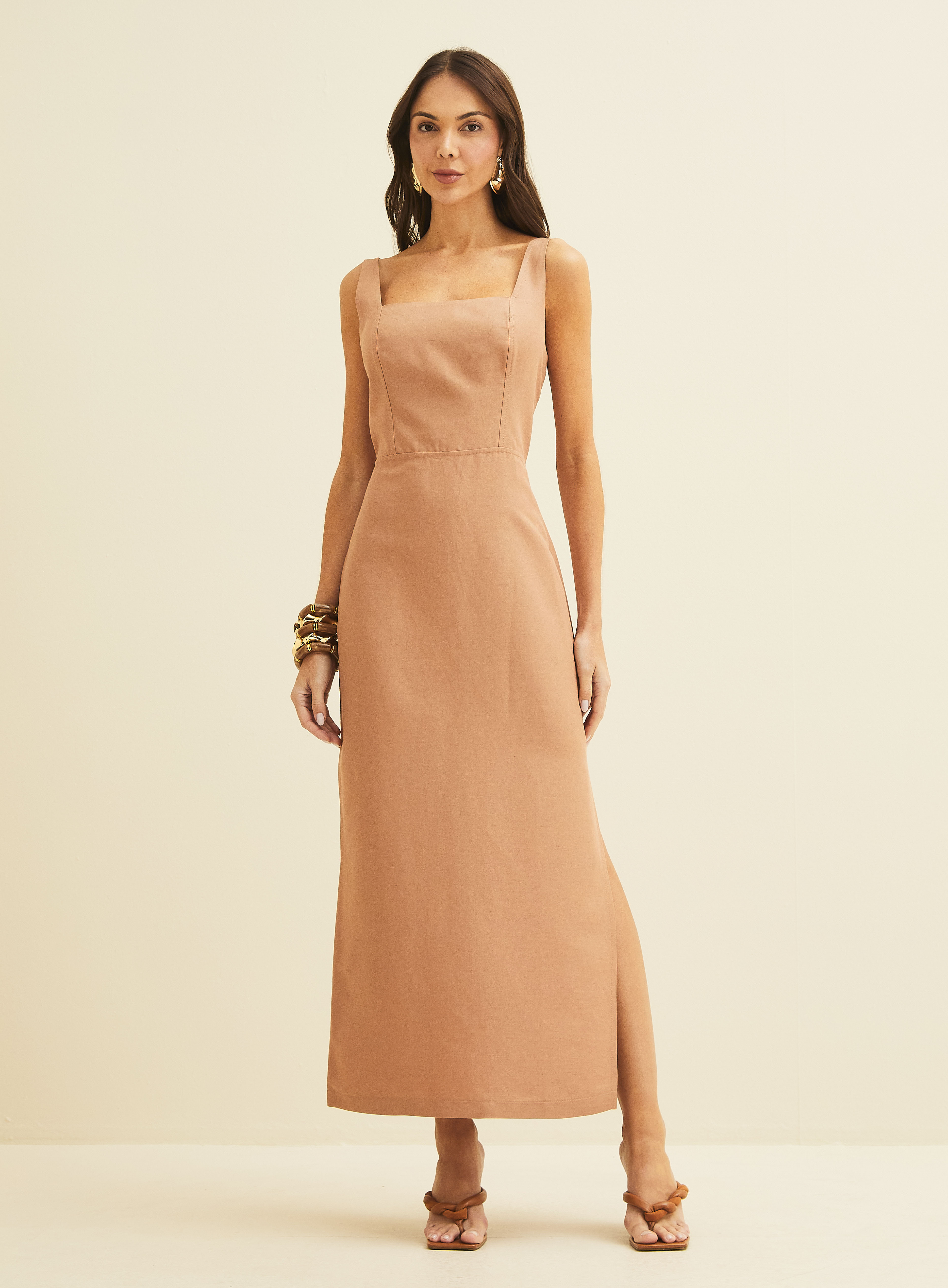 VESTIDO LINHO P MARROM MOCASSIM