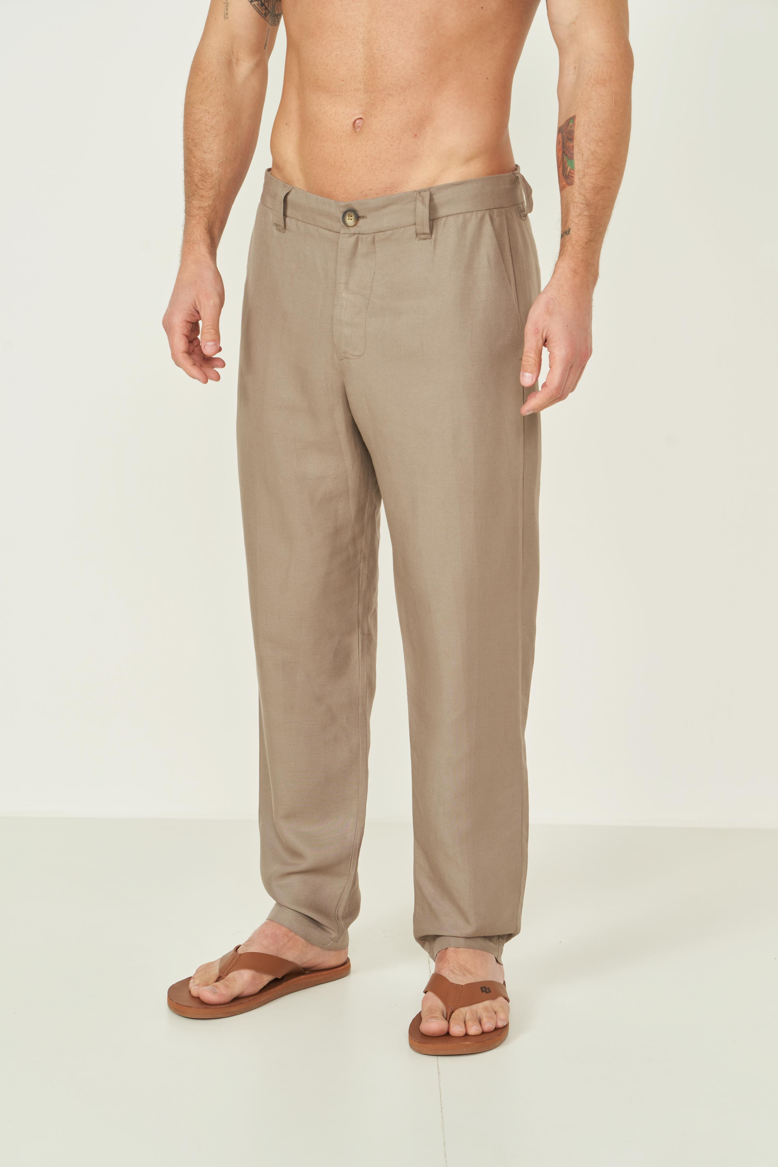 CALÇA LINHO GG BEGE CINZAS