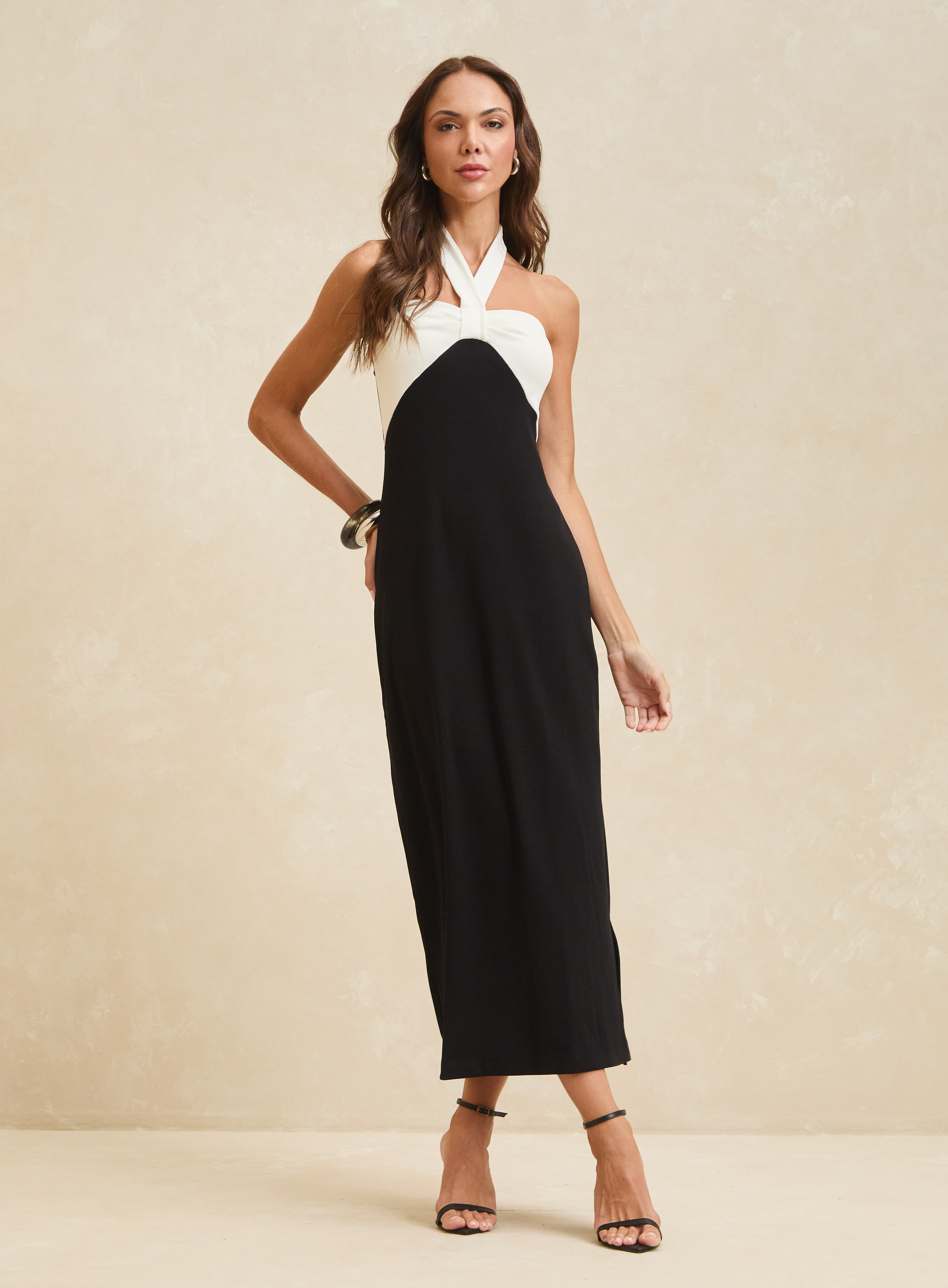 VESTIDO CANELADO M PRETO/OFF