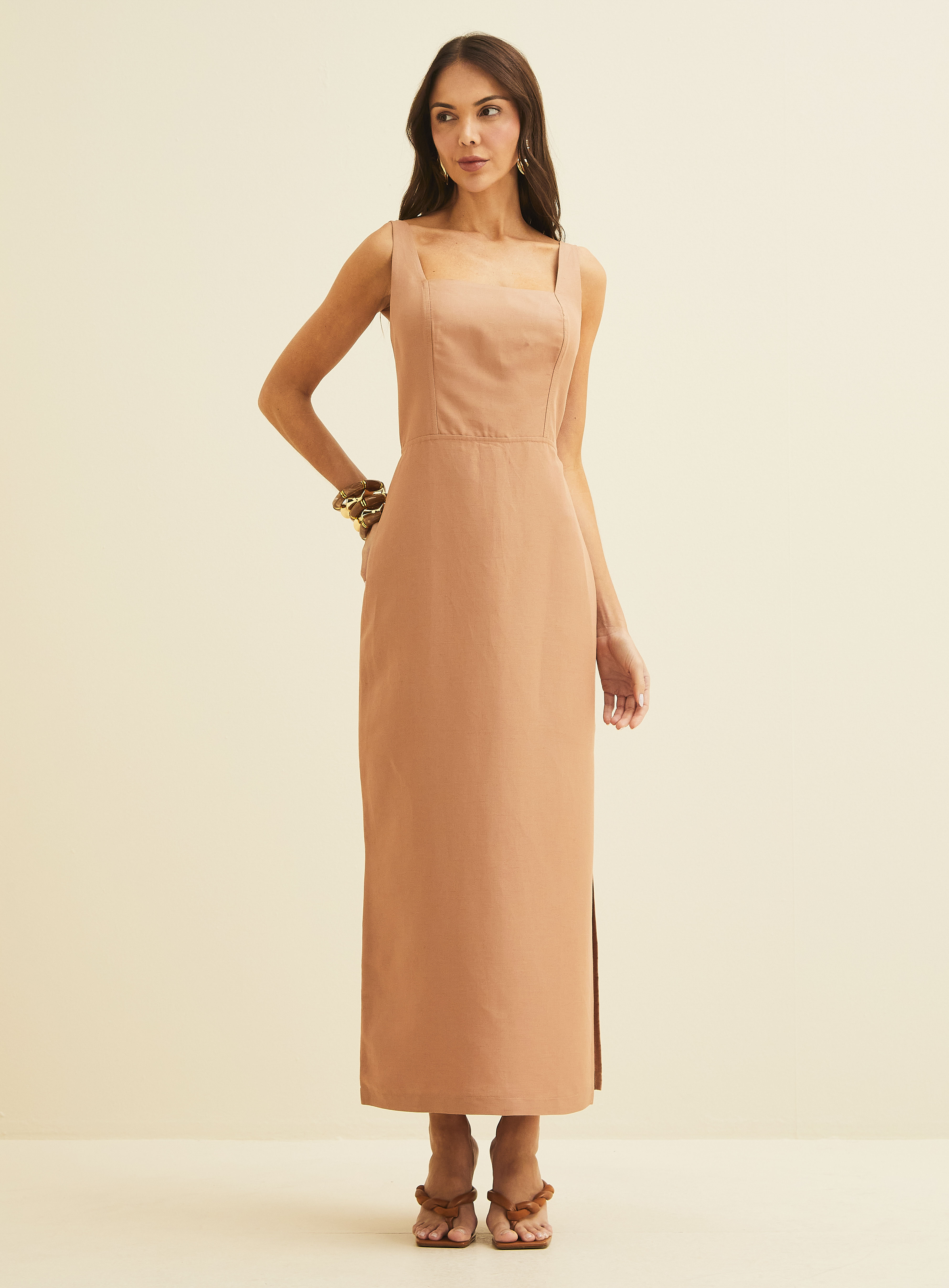 VESTIDO LINHO P MARROM MOCASSIM