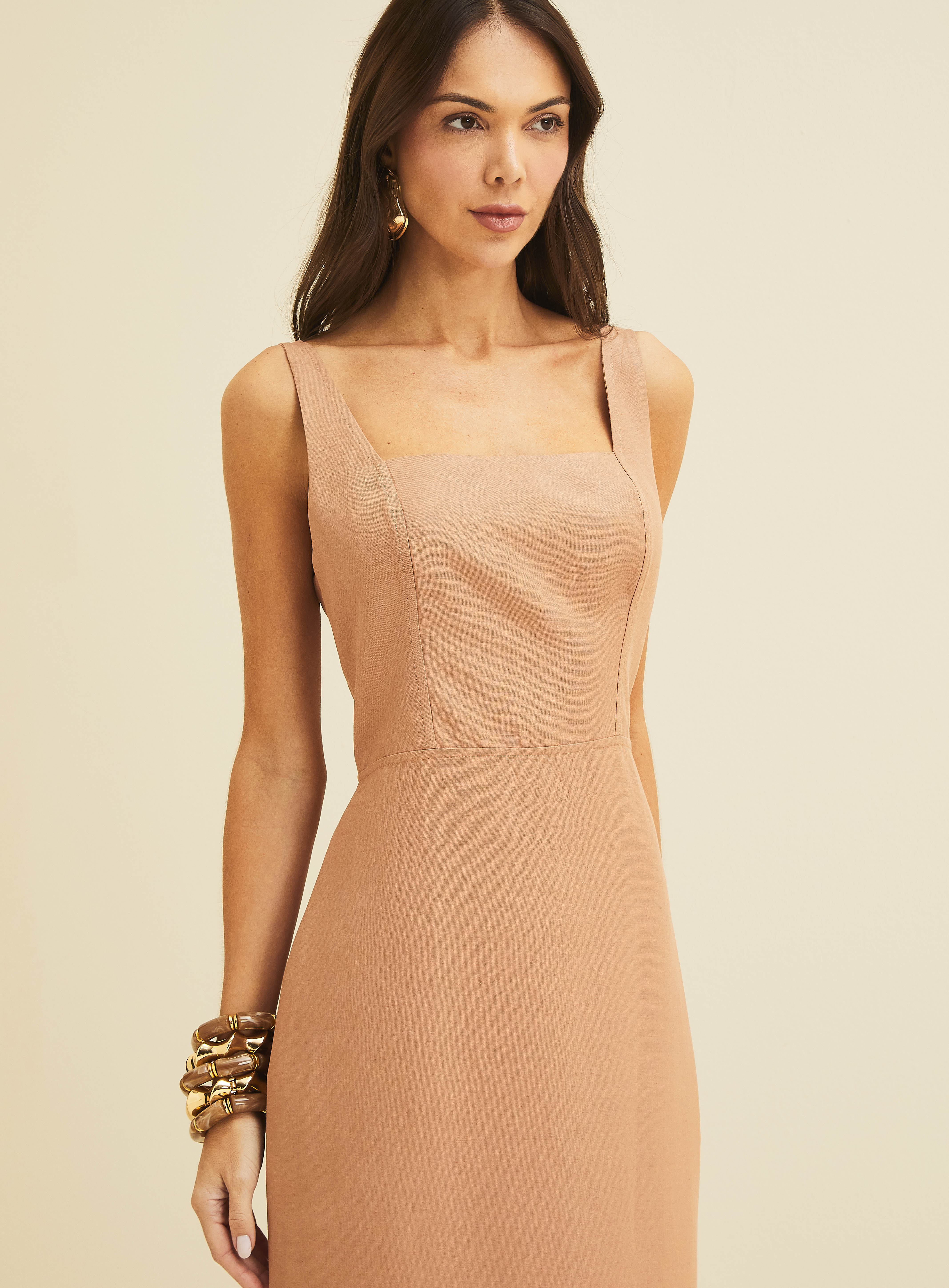 VESTIDO LINHO P MARROM MOCASSIM