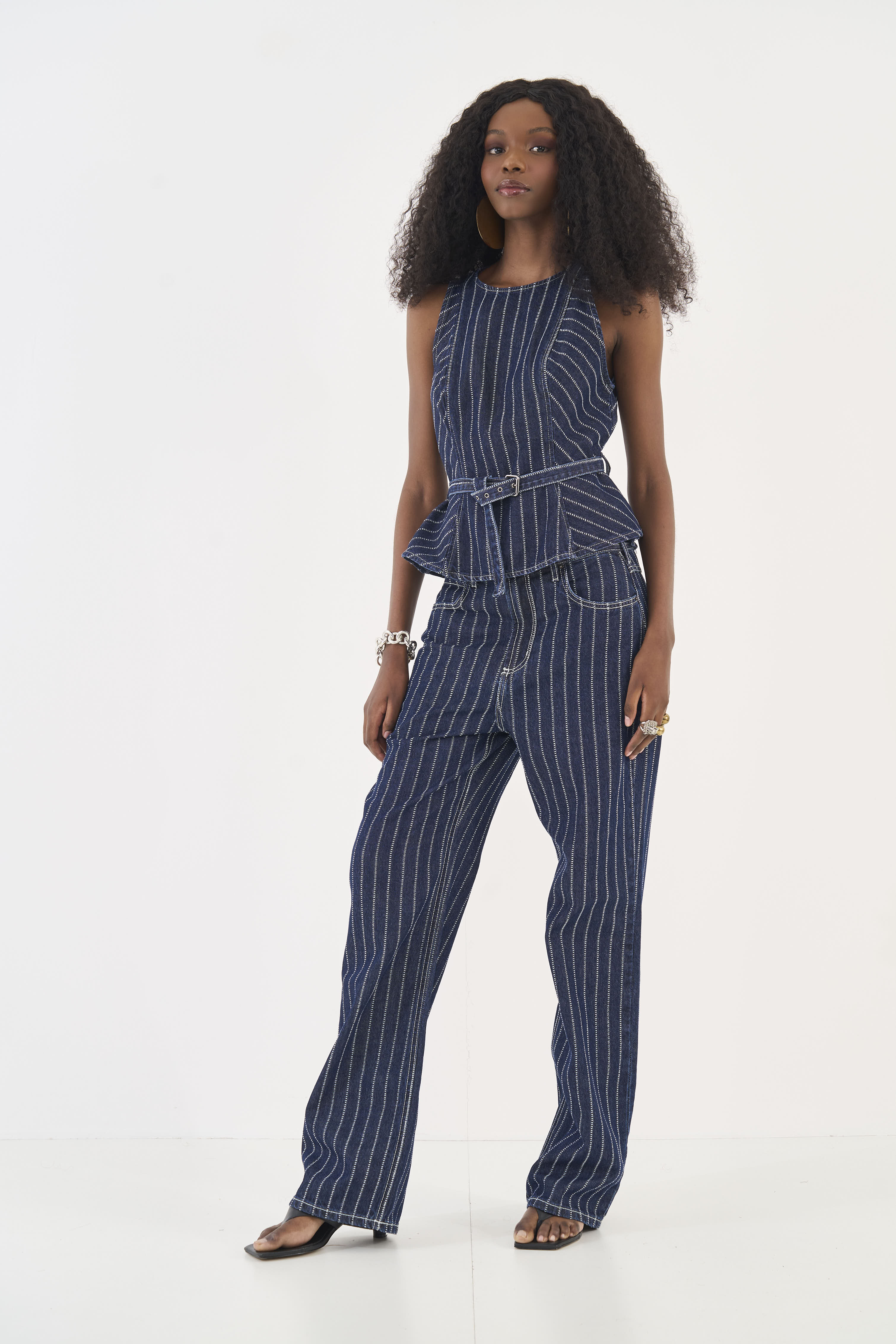 CALÇA JEANS LISTRADA LEONI LOW 42 AZUL/OFF