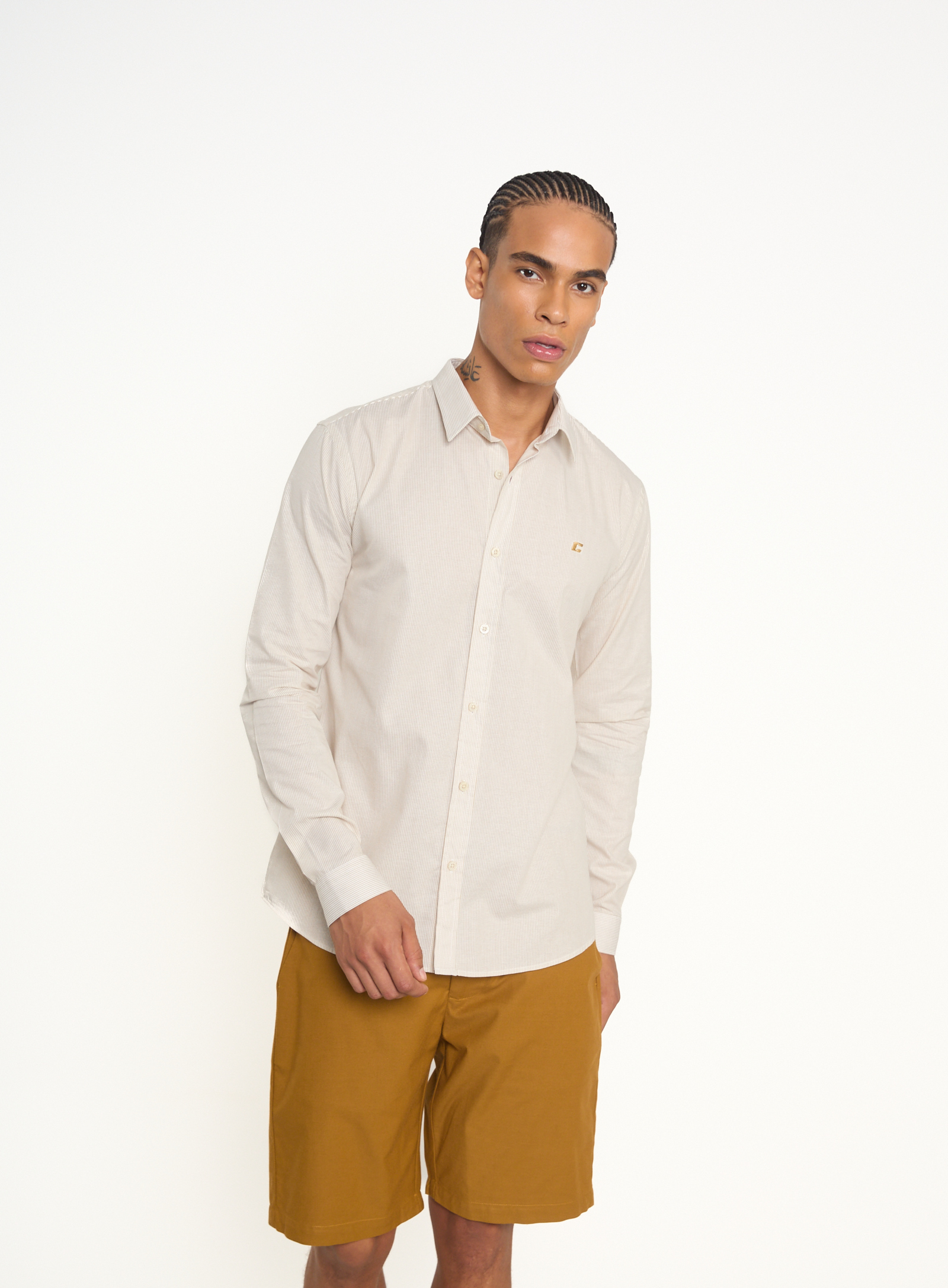 CAMISA WORK FIT LISTRADA G BRANCO/BEGE