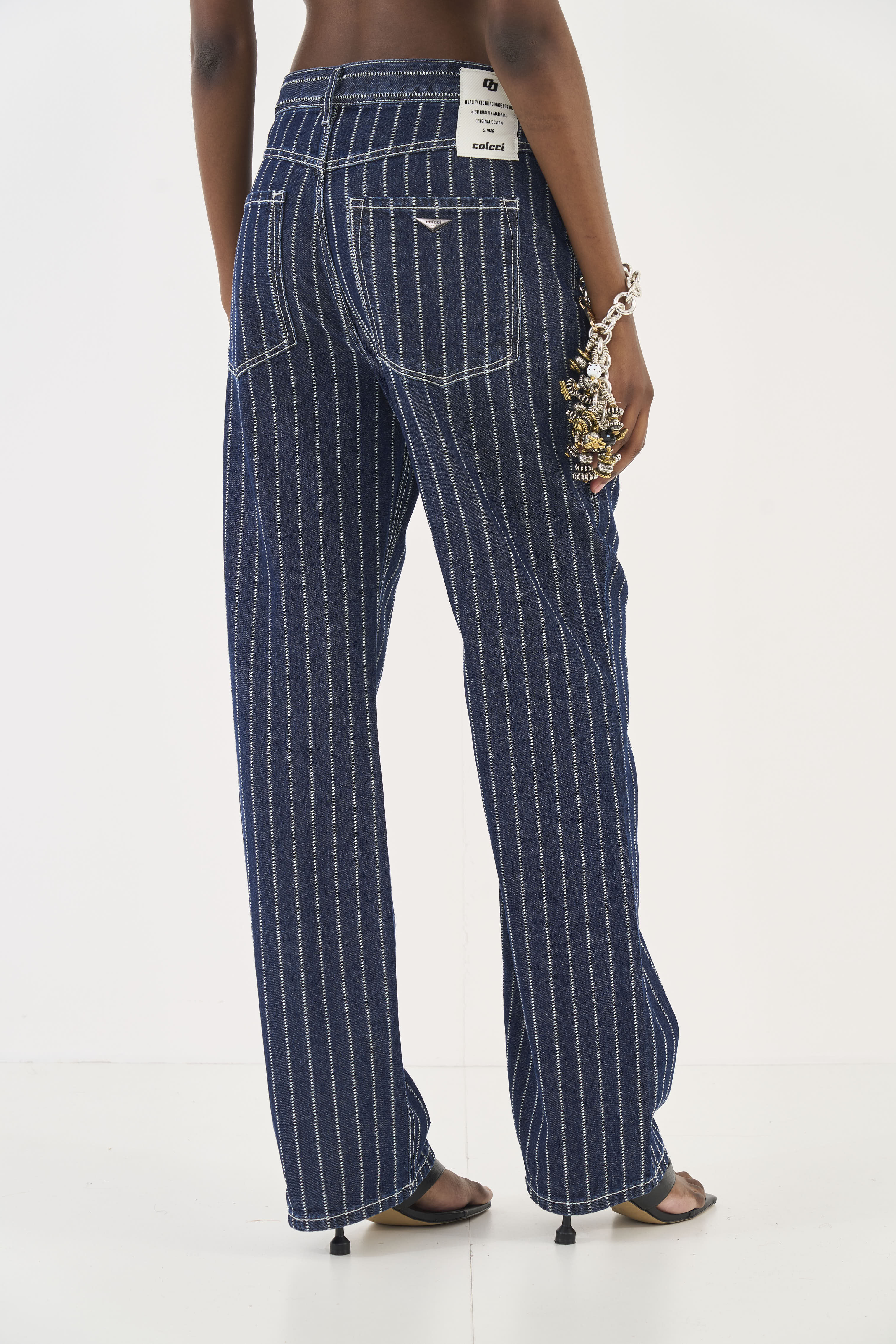 CALÇA JEANS LISTRADA LEONI LOW 42 AZUL/OFF