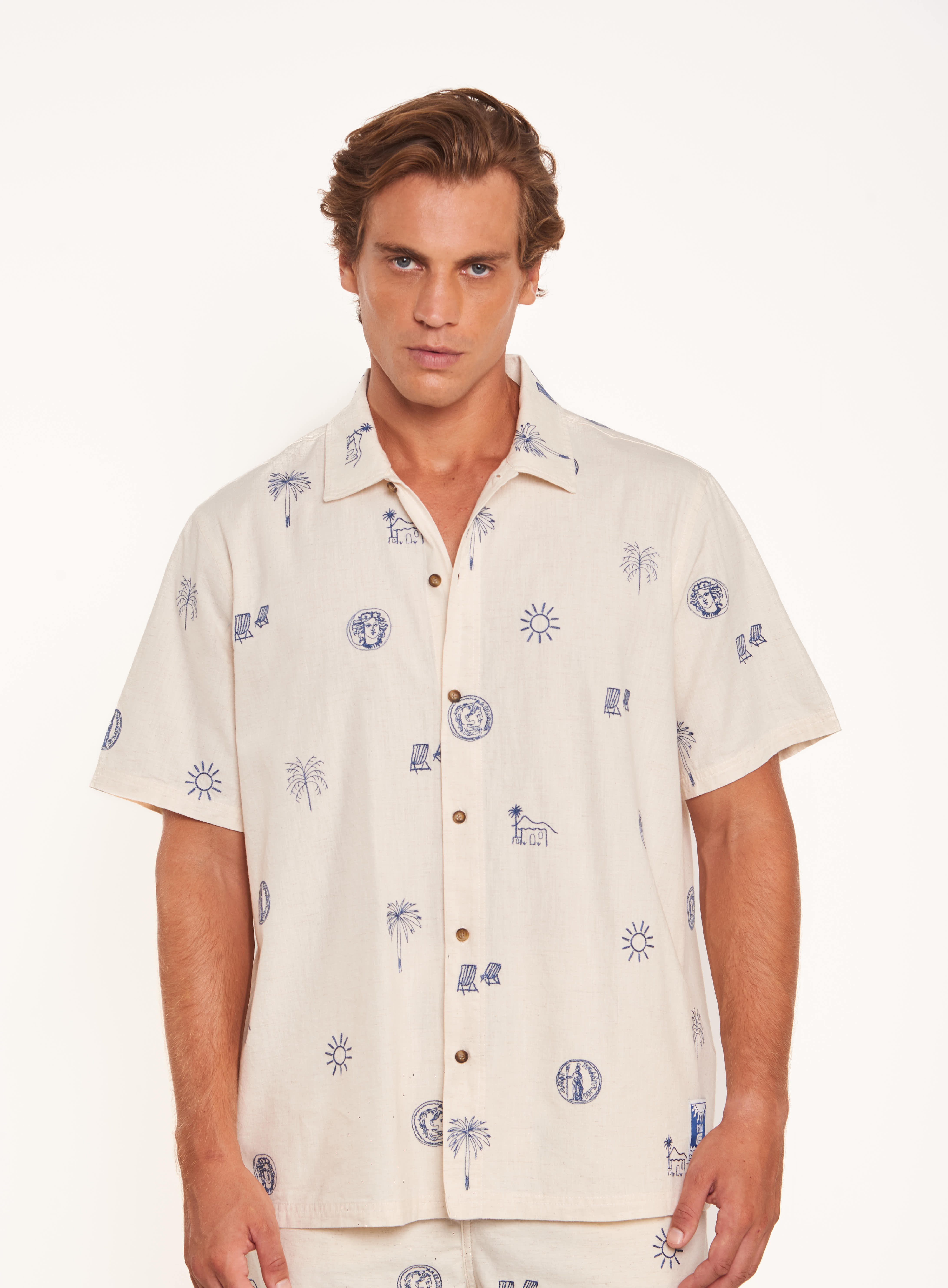 CAMISA LINHO BOX BORDADA GG OFF/BEGE