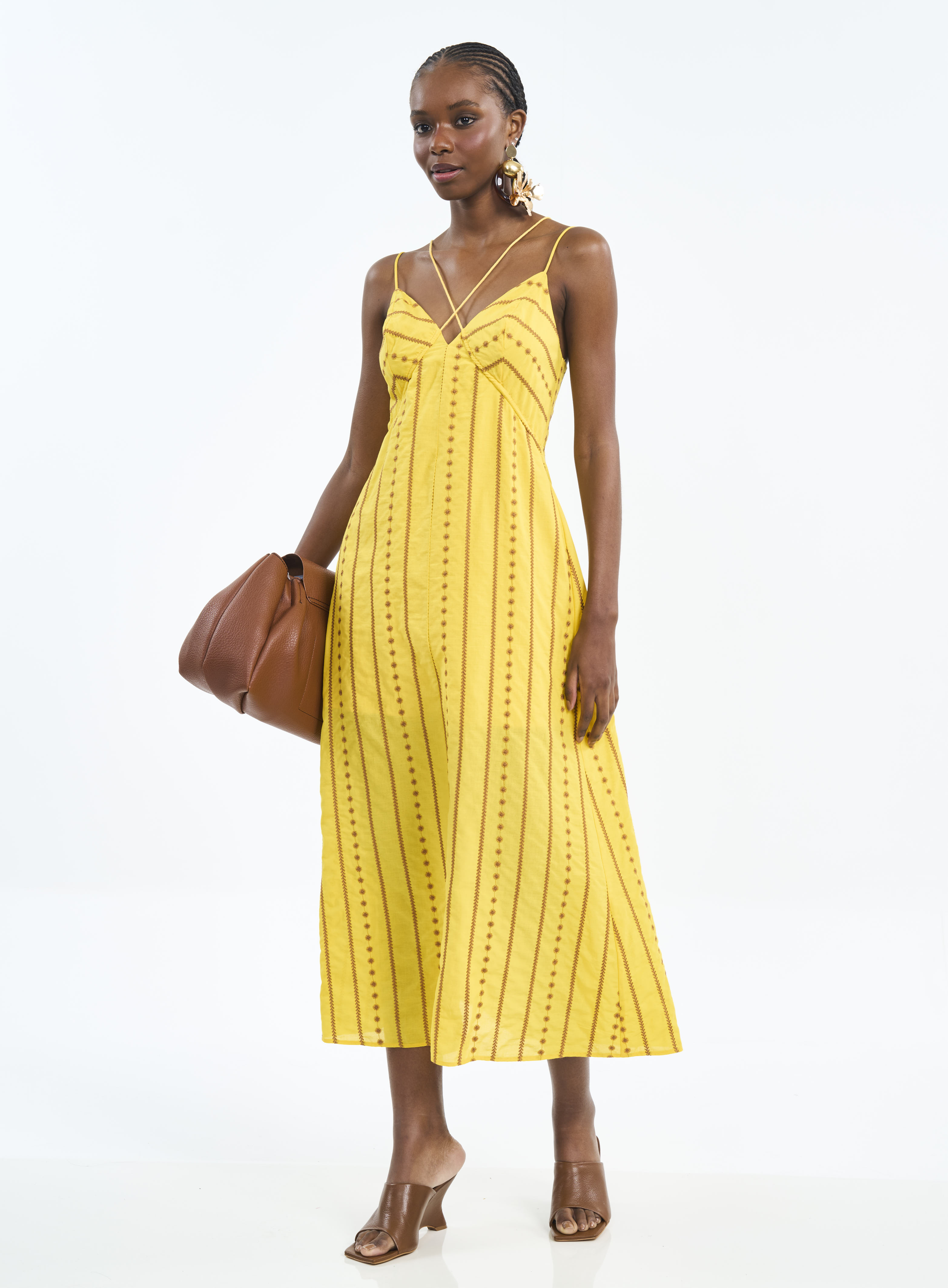 VESTIDO BORDADO G AMARELO/MARROM