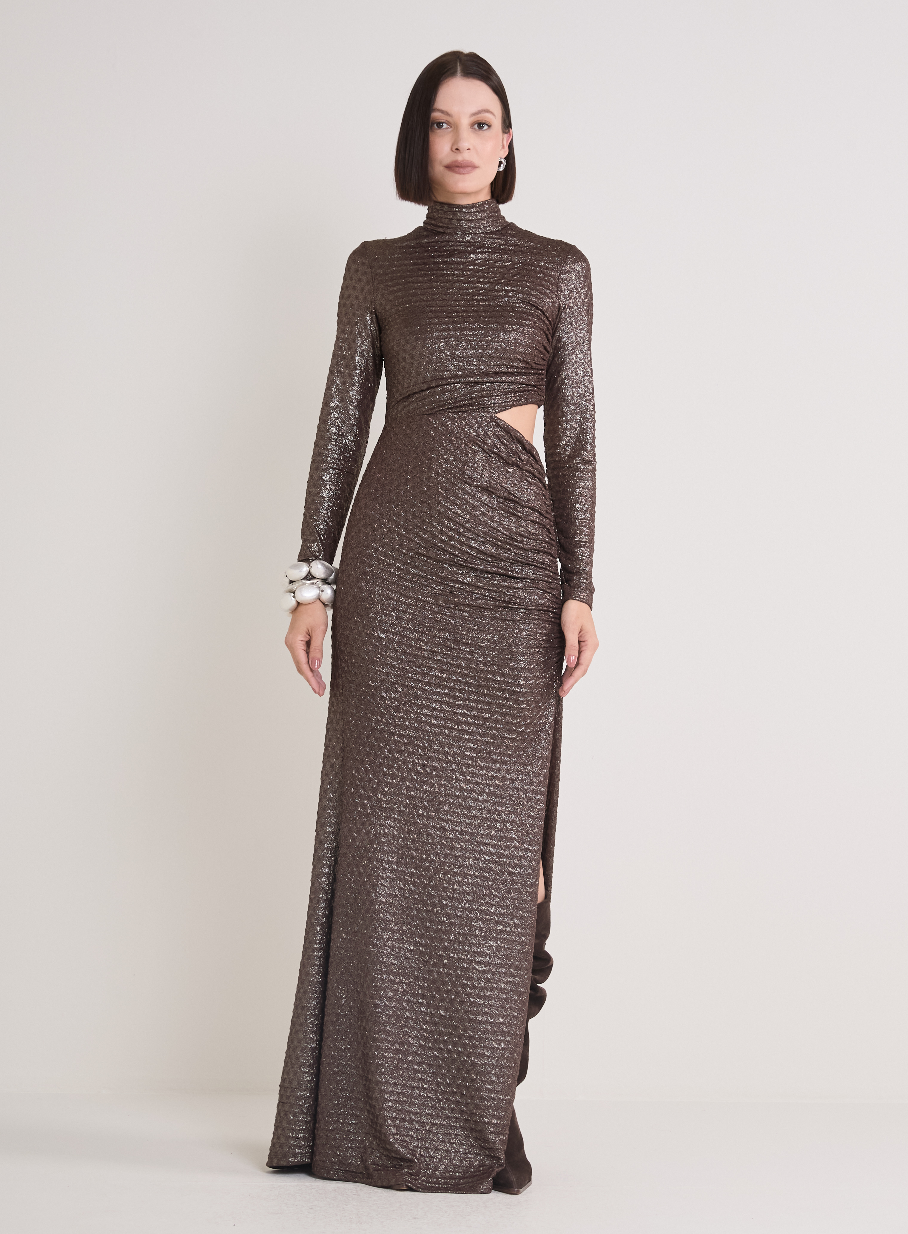 VESTIDO METALIZADO G MARROM/DOURADO