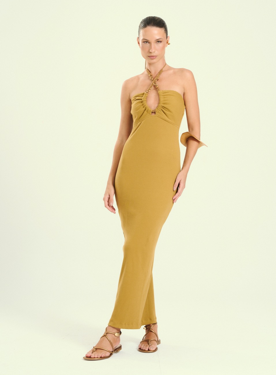 VESTIDO CANELADO G BEGE GOLDEN WHE