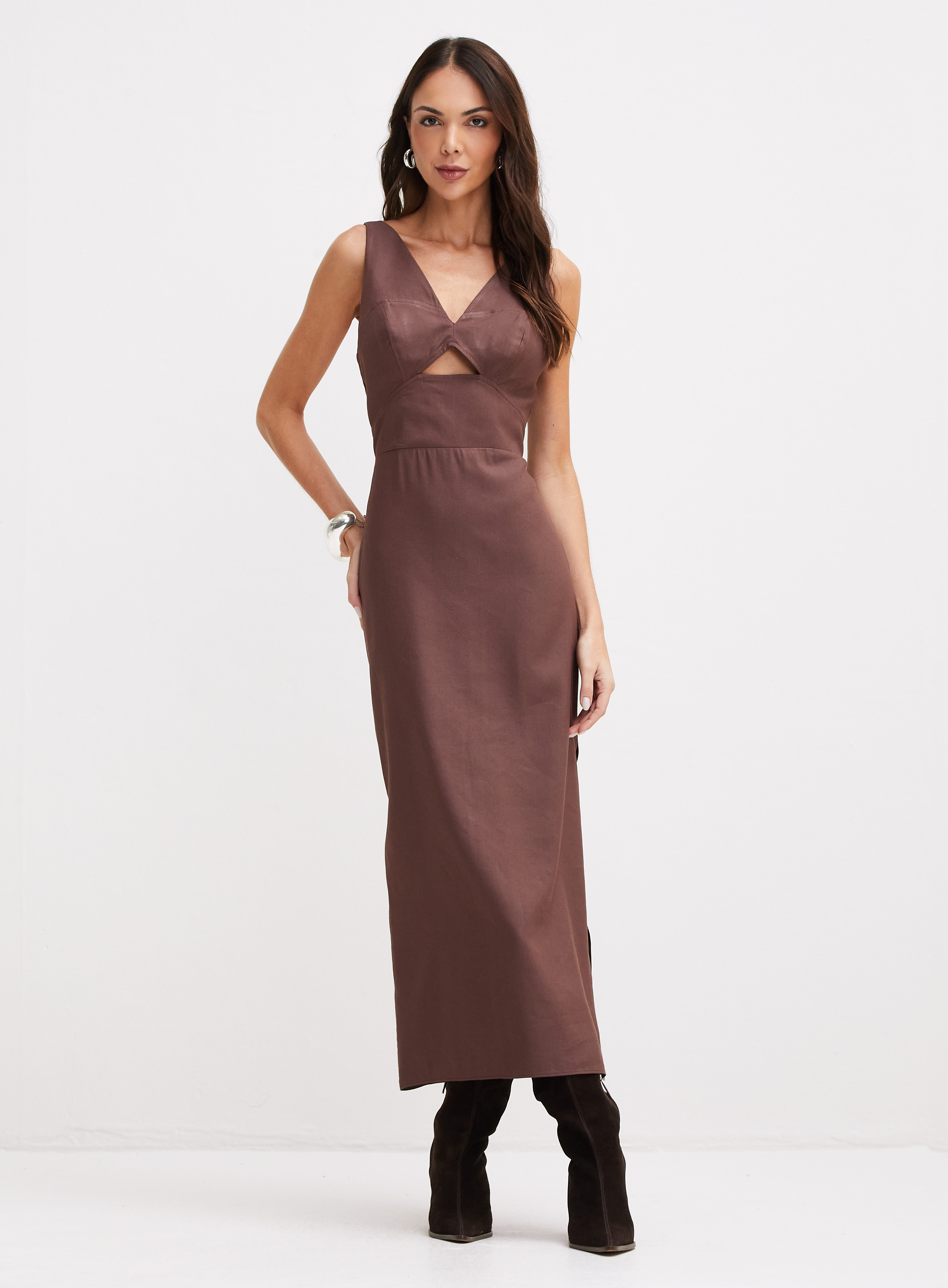 VESTIDO LINHO G MARROM BROWN SO