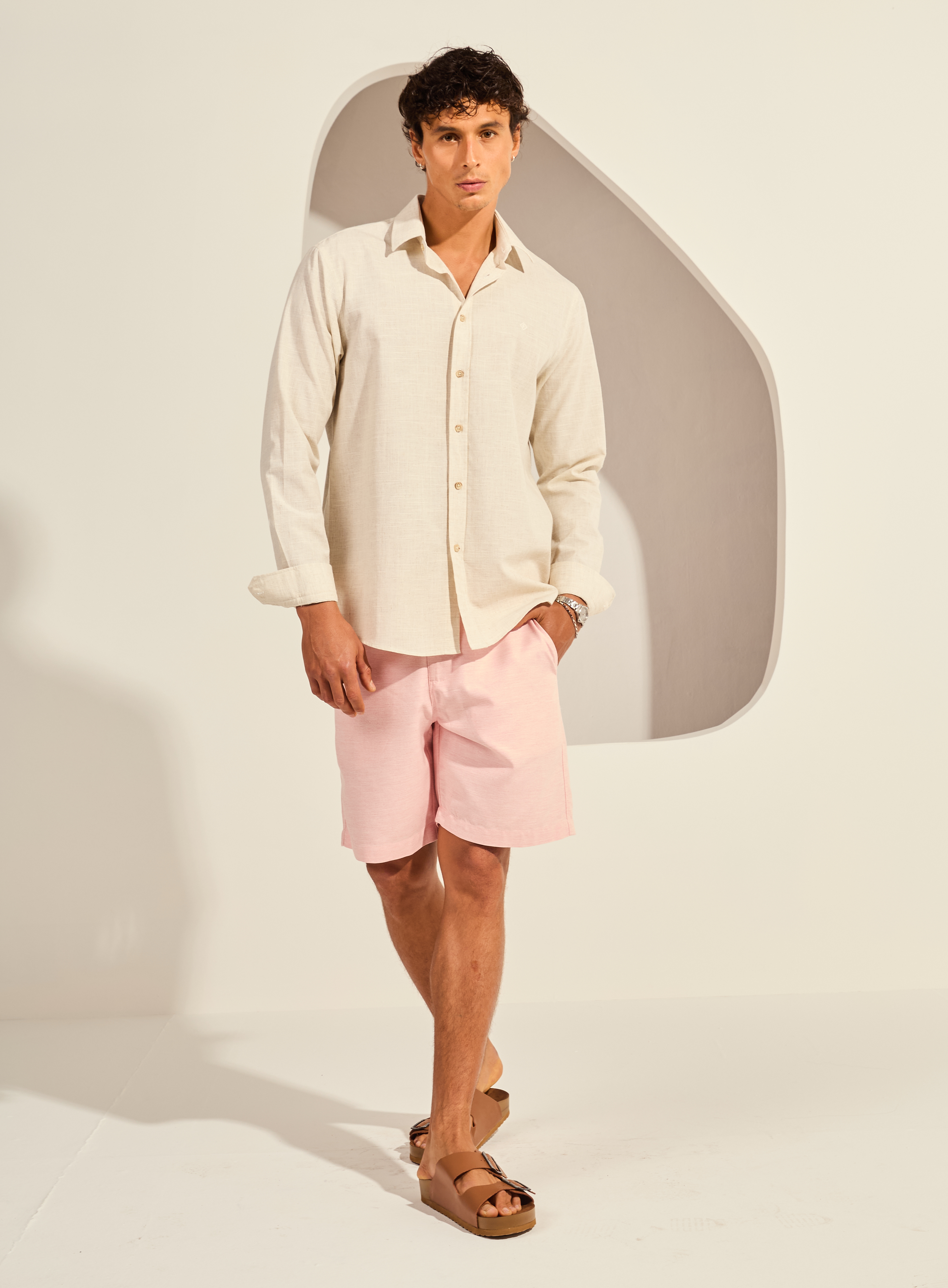 CAMISA LINHO RELAX G BEGE/CINZA