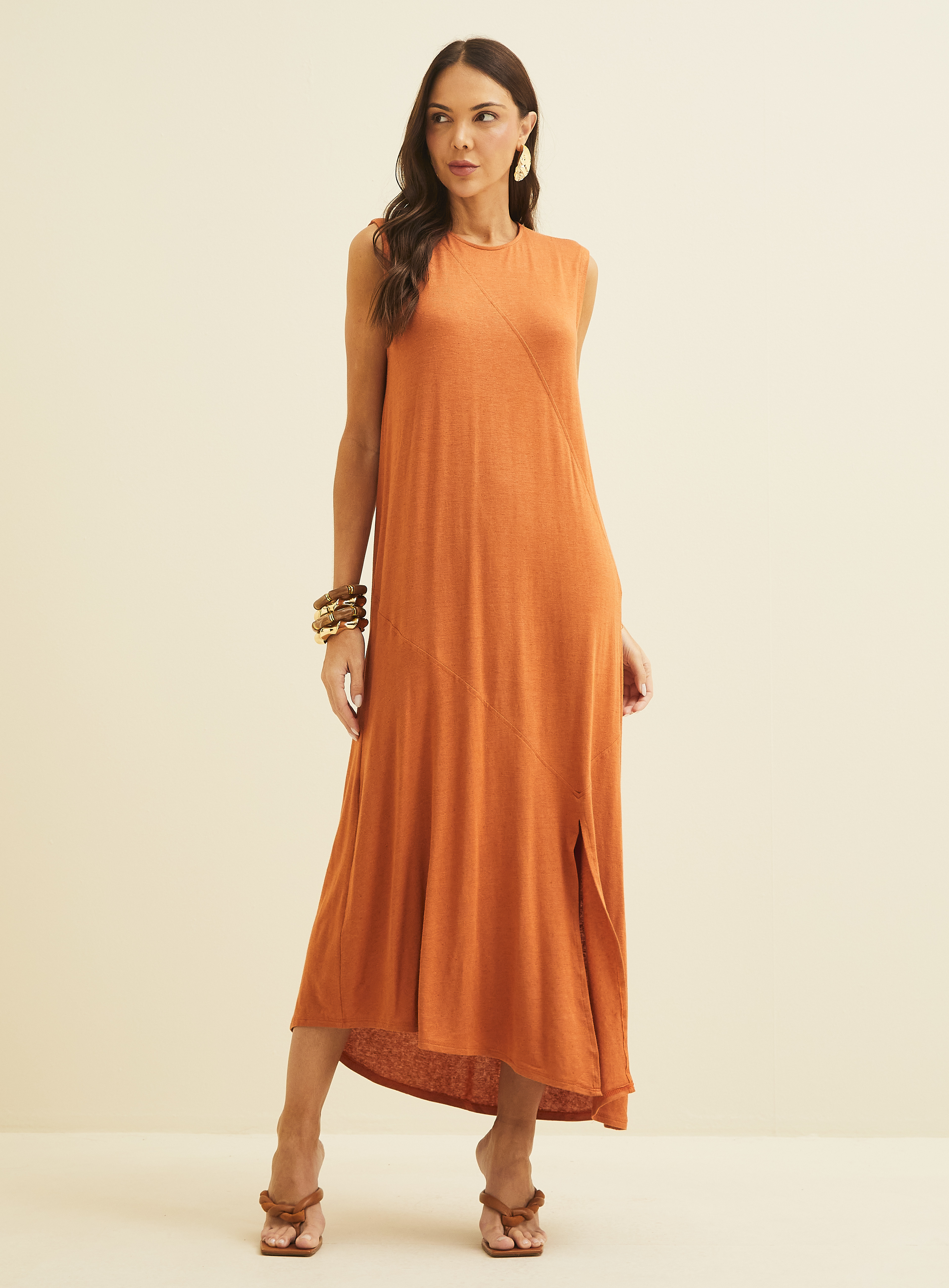 VESTIDO LINHO G MARROM MESCLADO