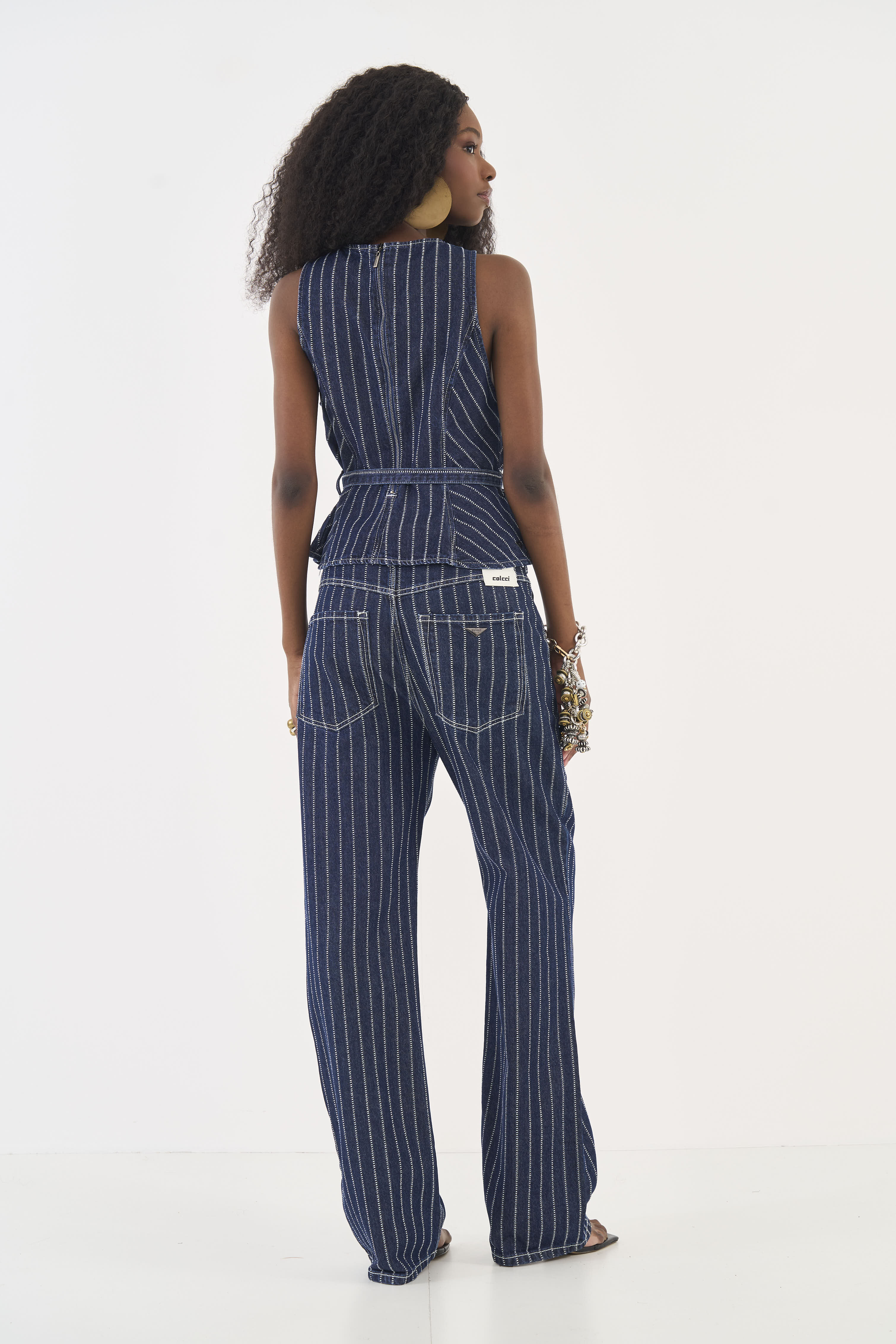 CALÇA JEANS LISTRADA LEONI LOW 42 AZUL/OFF