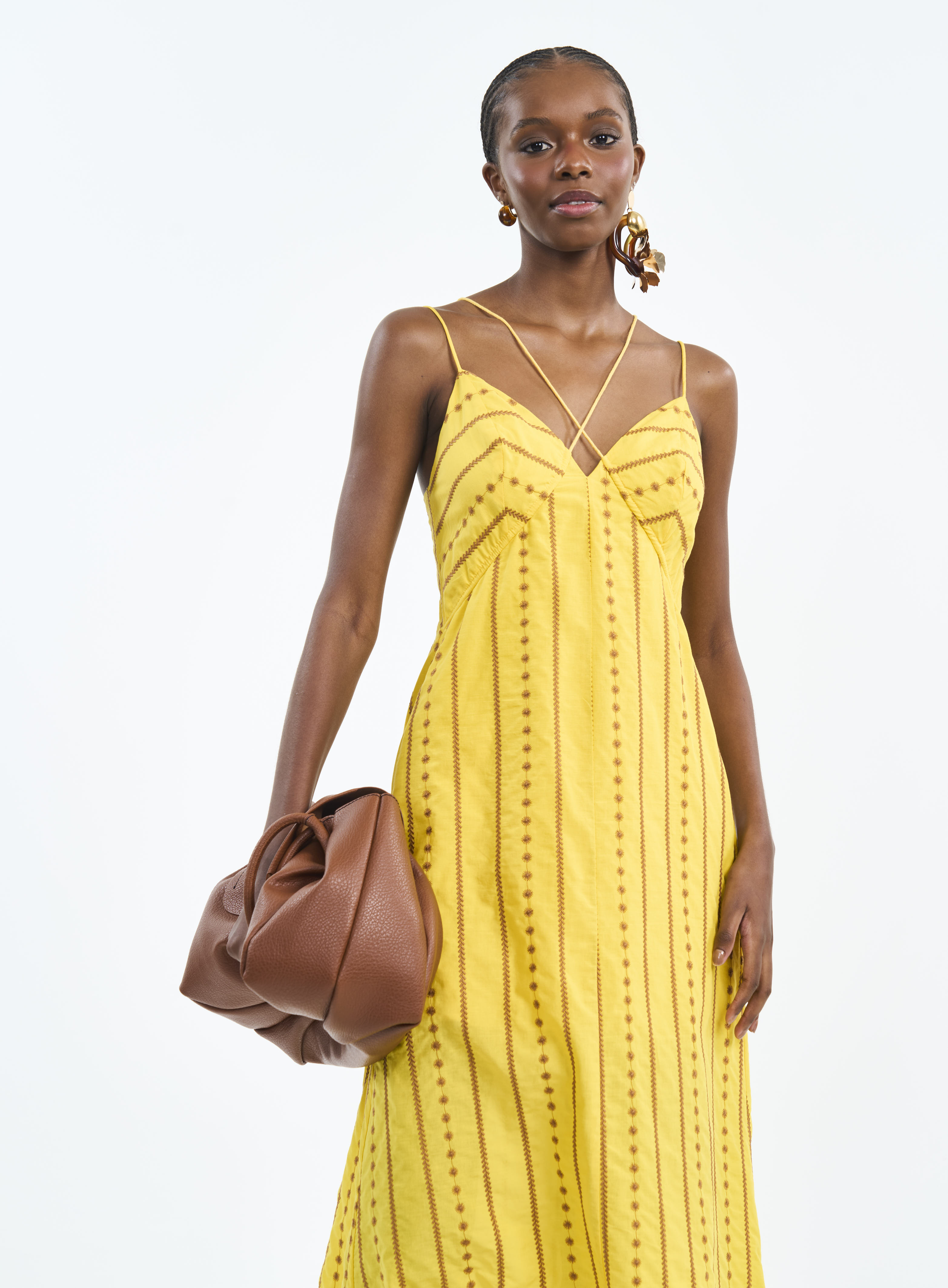 VESTIDO BORDADO G AMARELO/MARROM