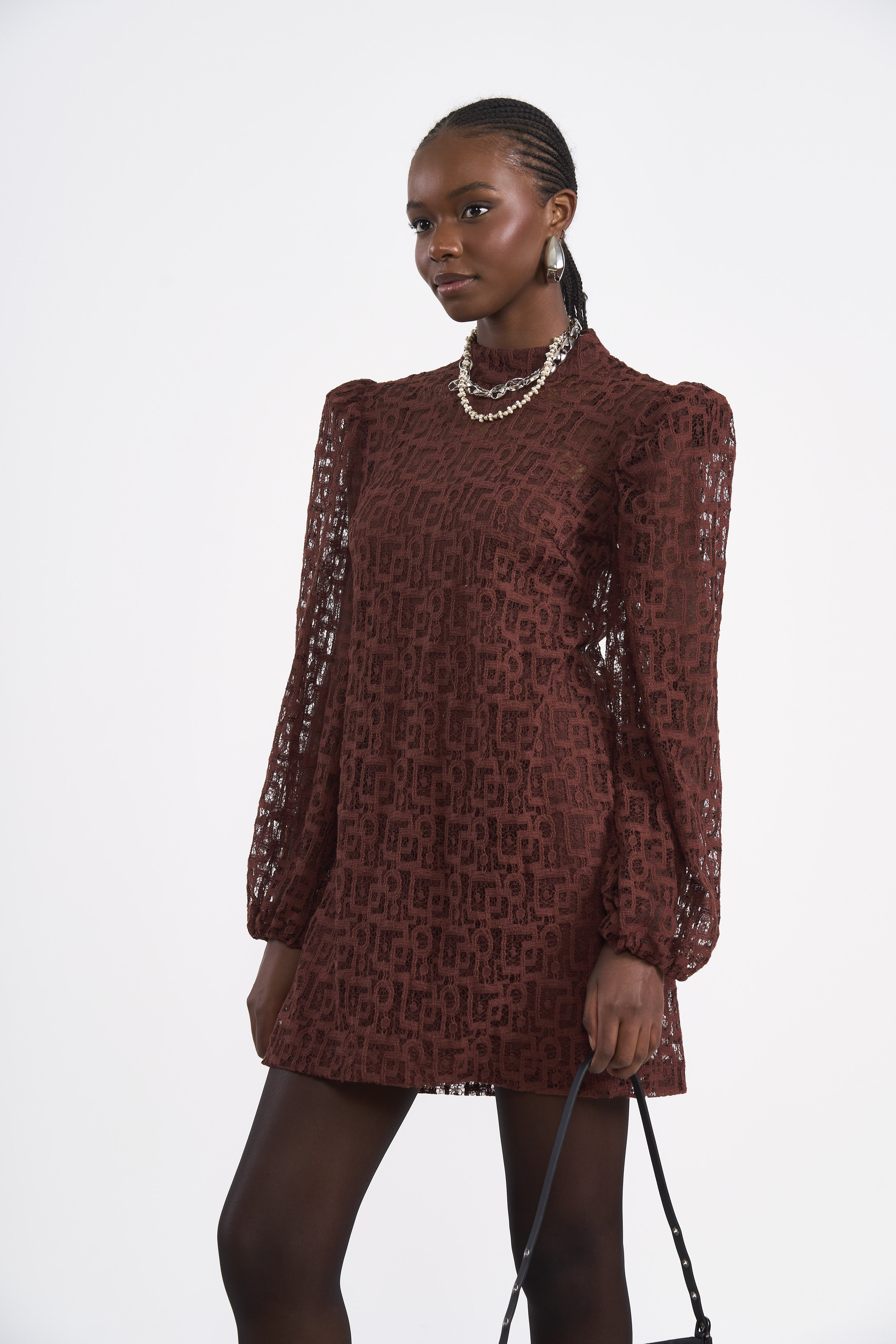VESTIDO RENDA P MARROM BEATEN BROWN