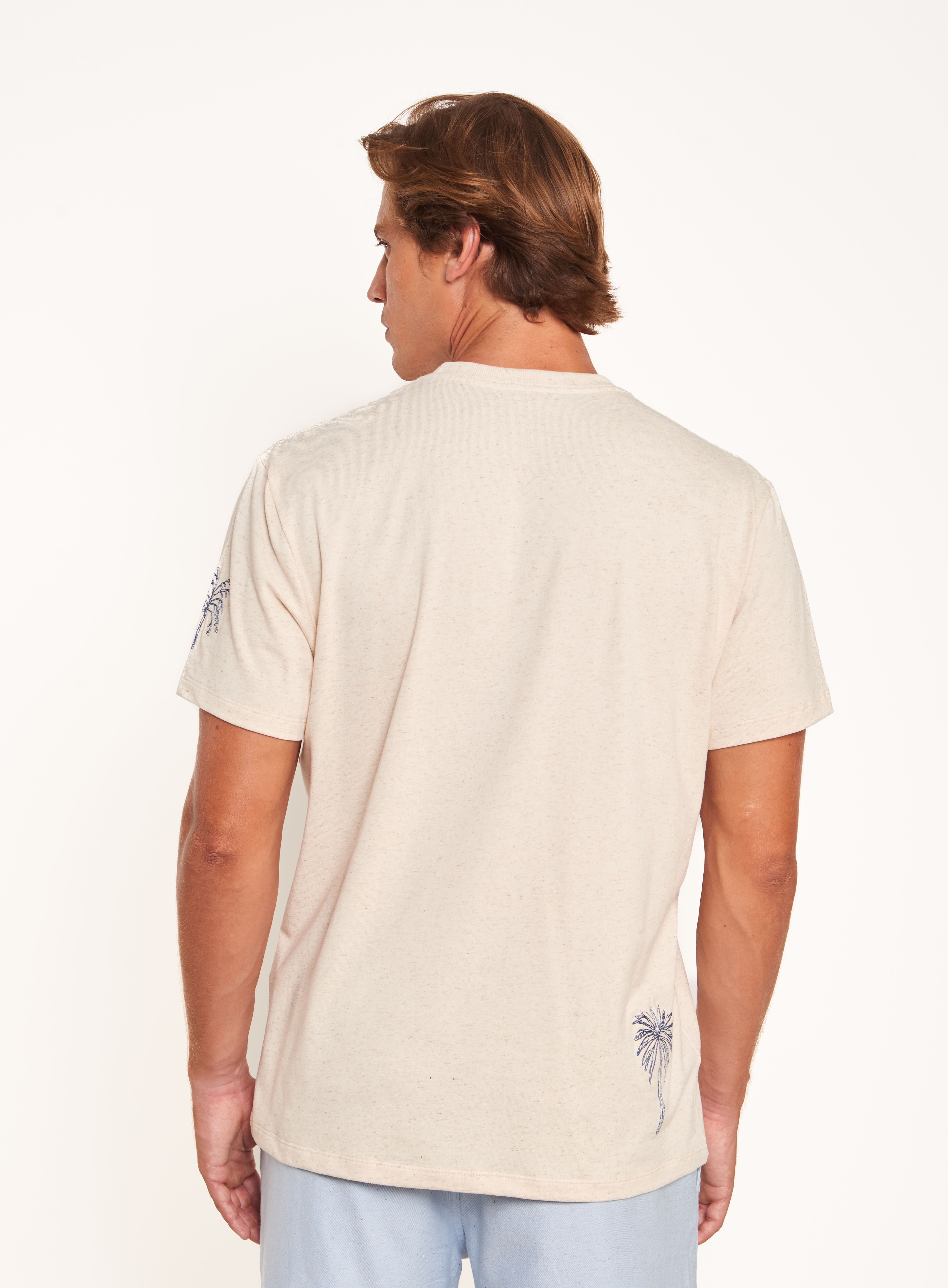 CAMISETA LINHO BORDADA G BEGE/PRETO