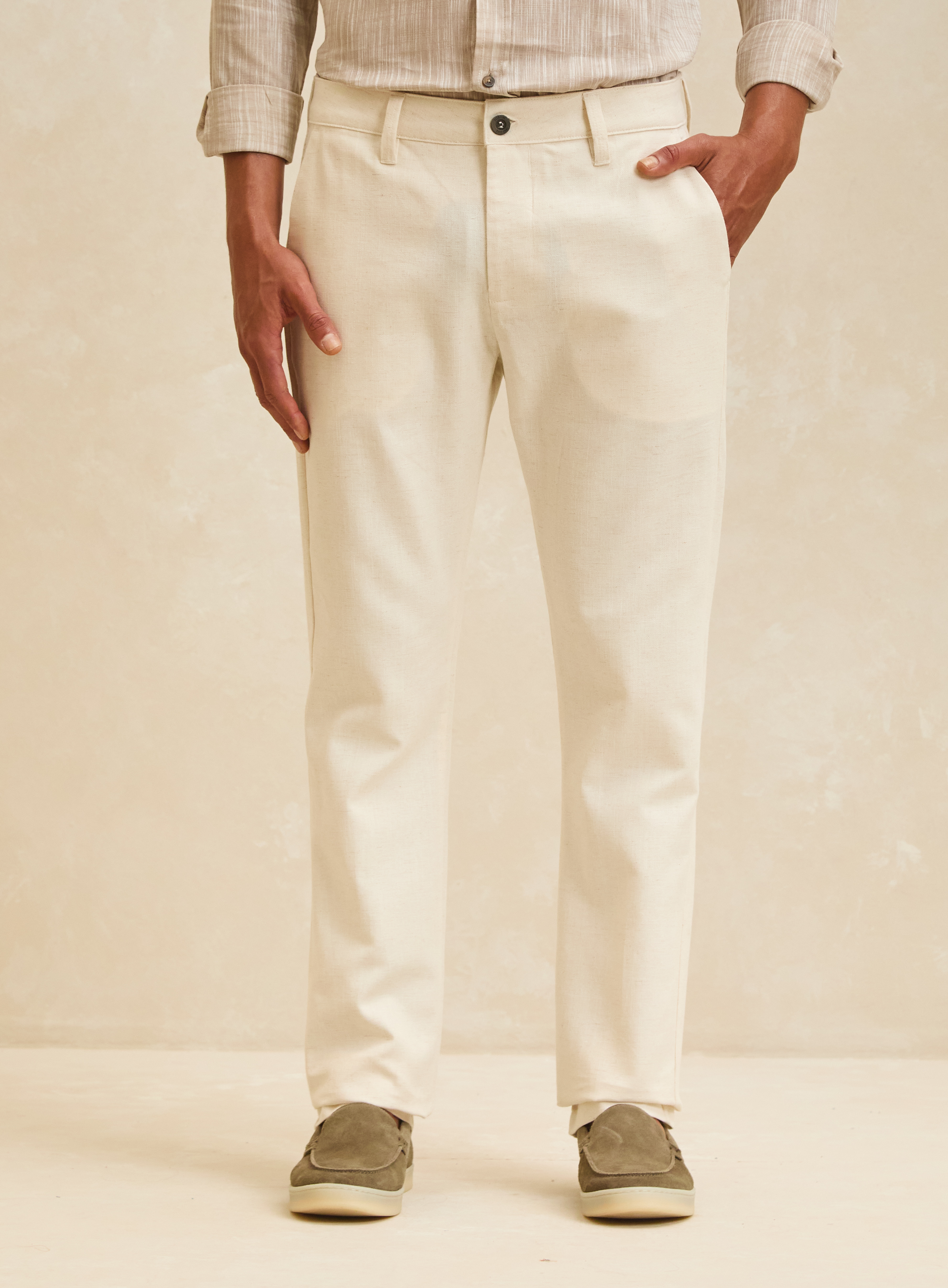 CALÇA LINHO G BEGE MESCLADO