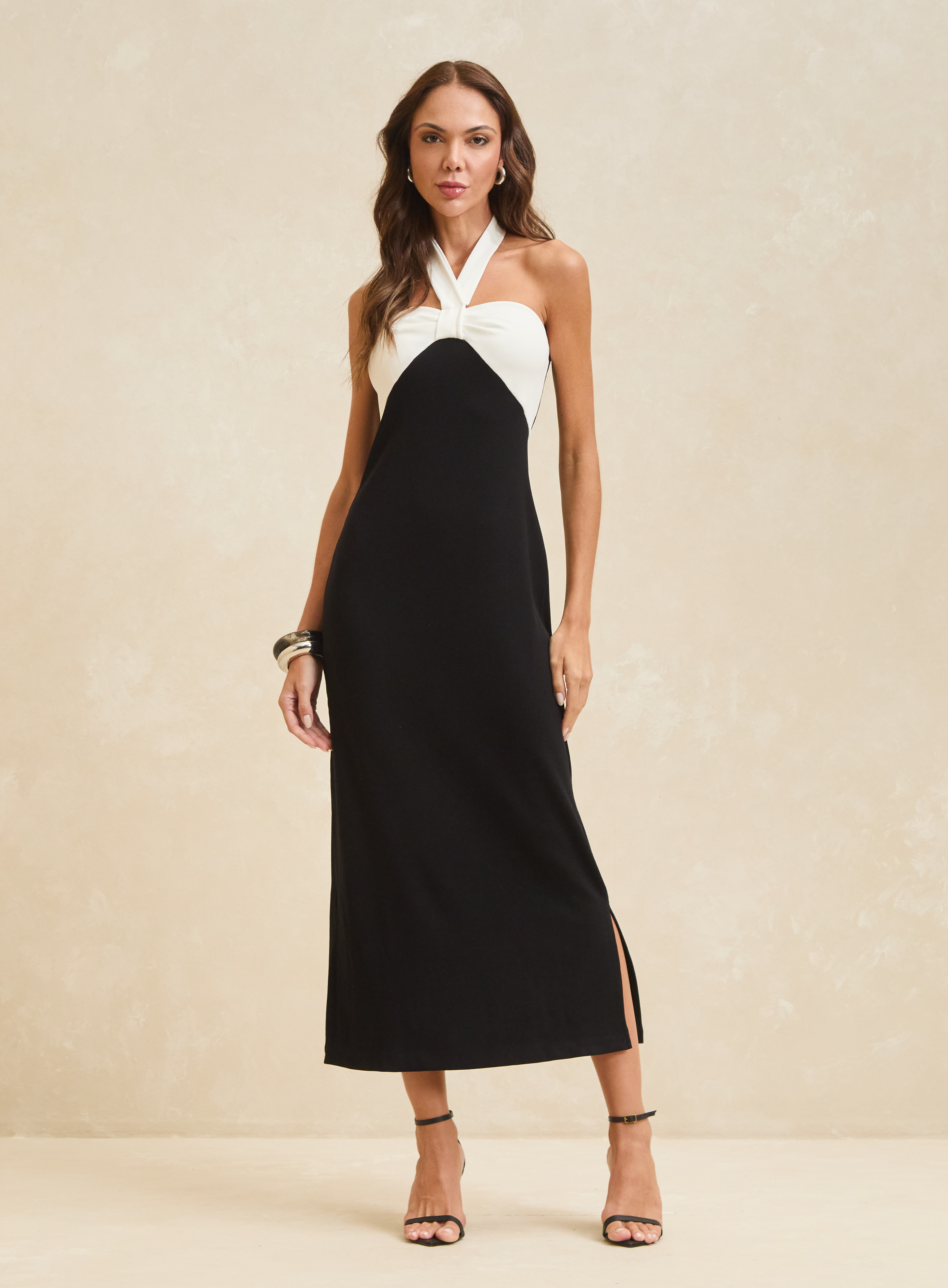 VESTIDO CANELADO M PRETO/OFF