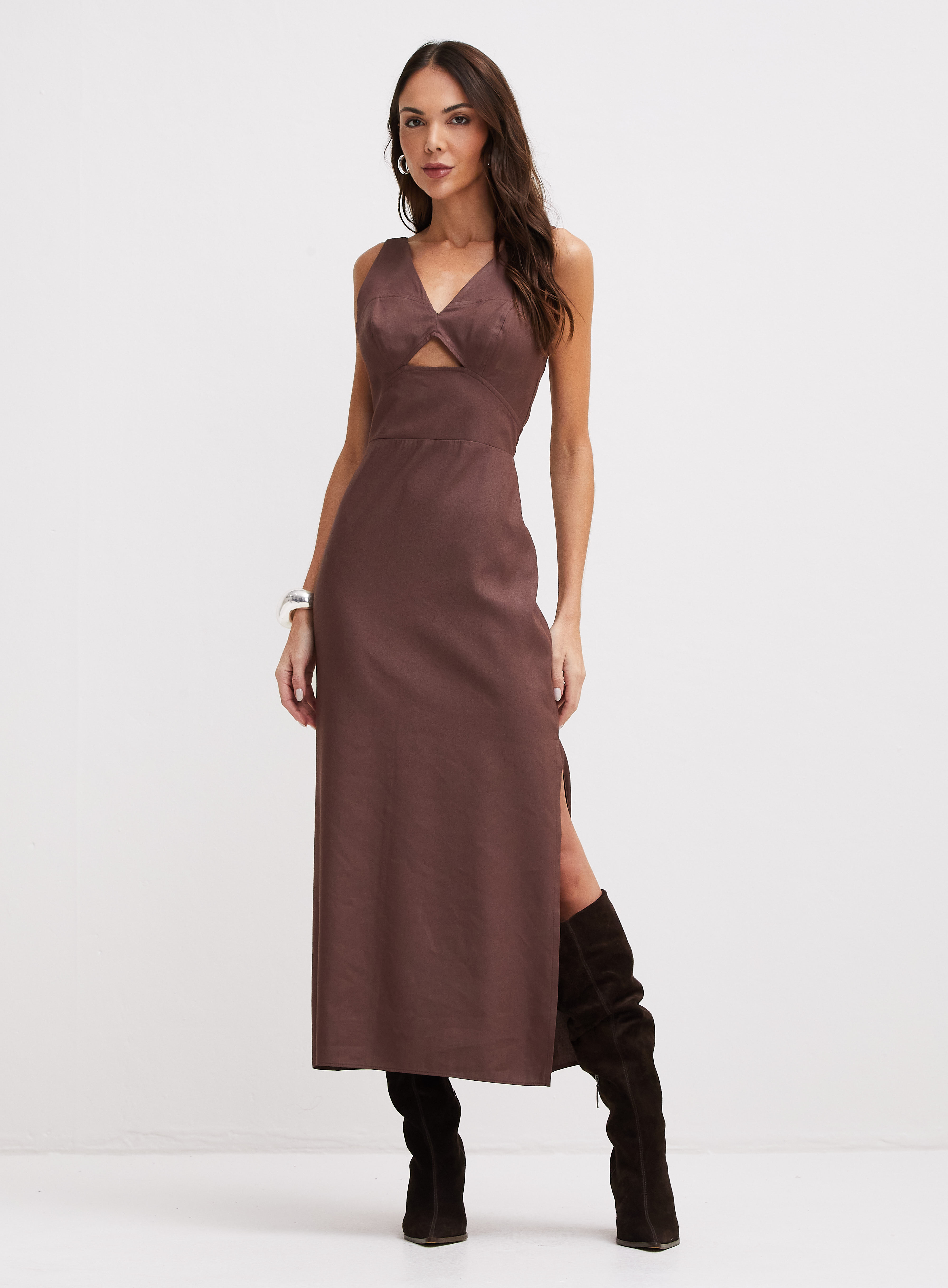 VESTIDO LINHO G MARROM BROWN SO