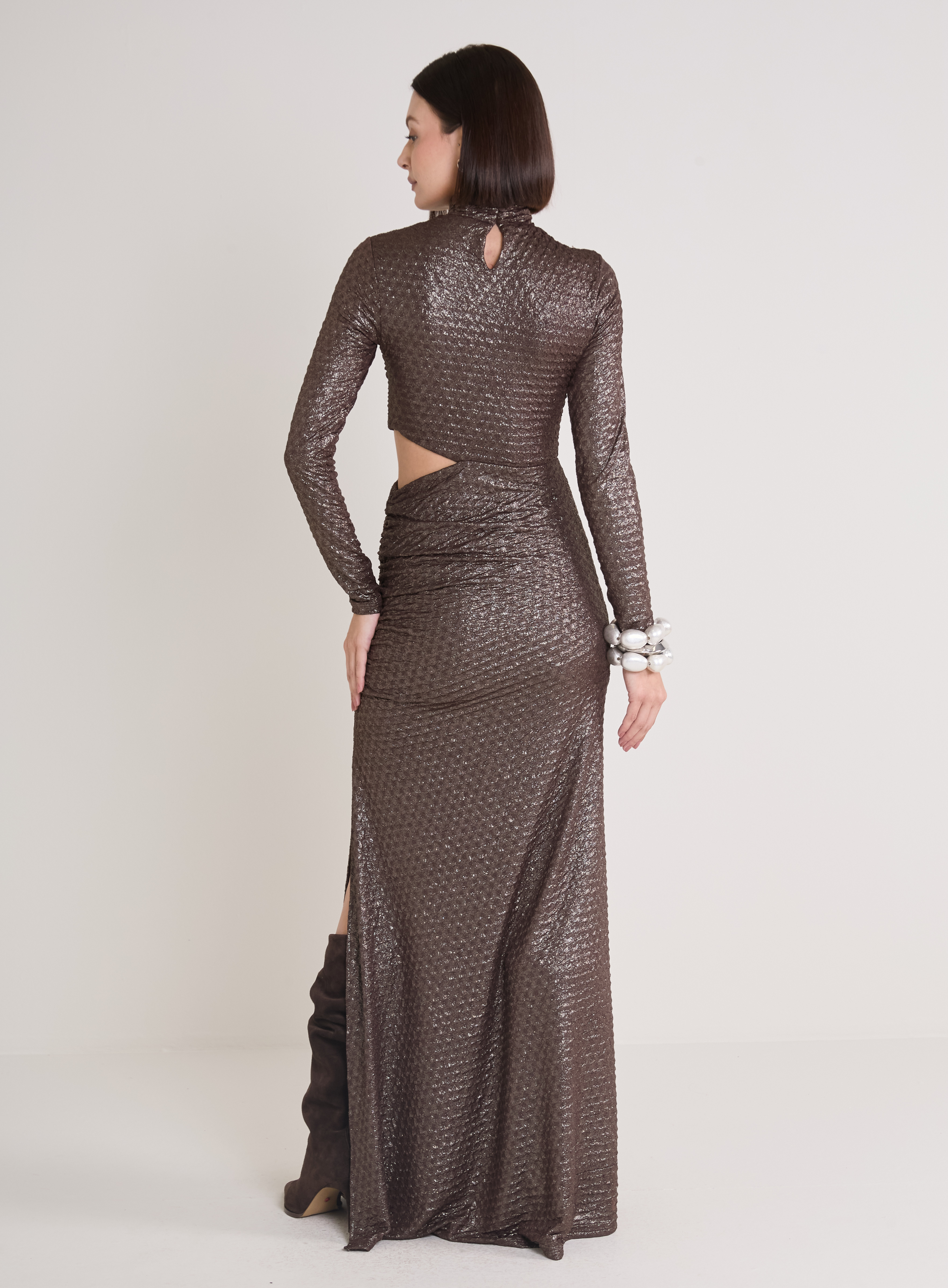 VESTIDO METALIZADO G MARROM/DOURADO