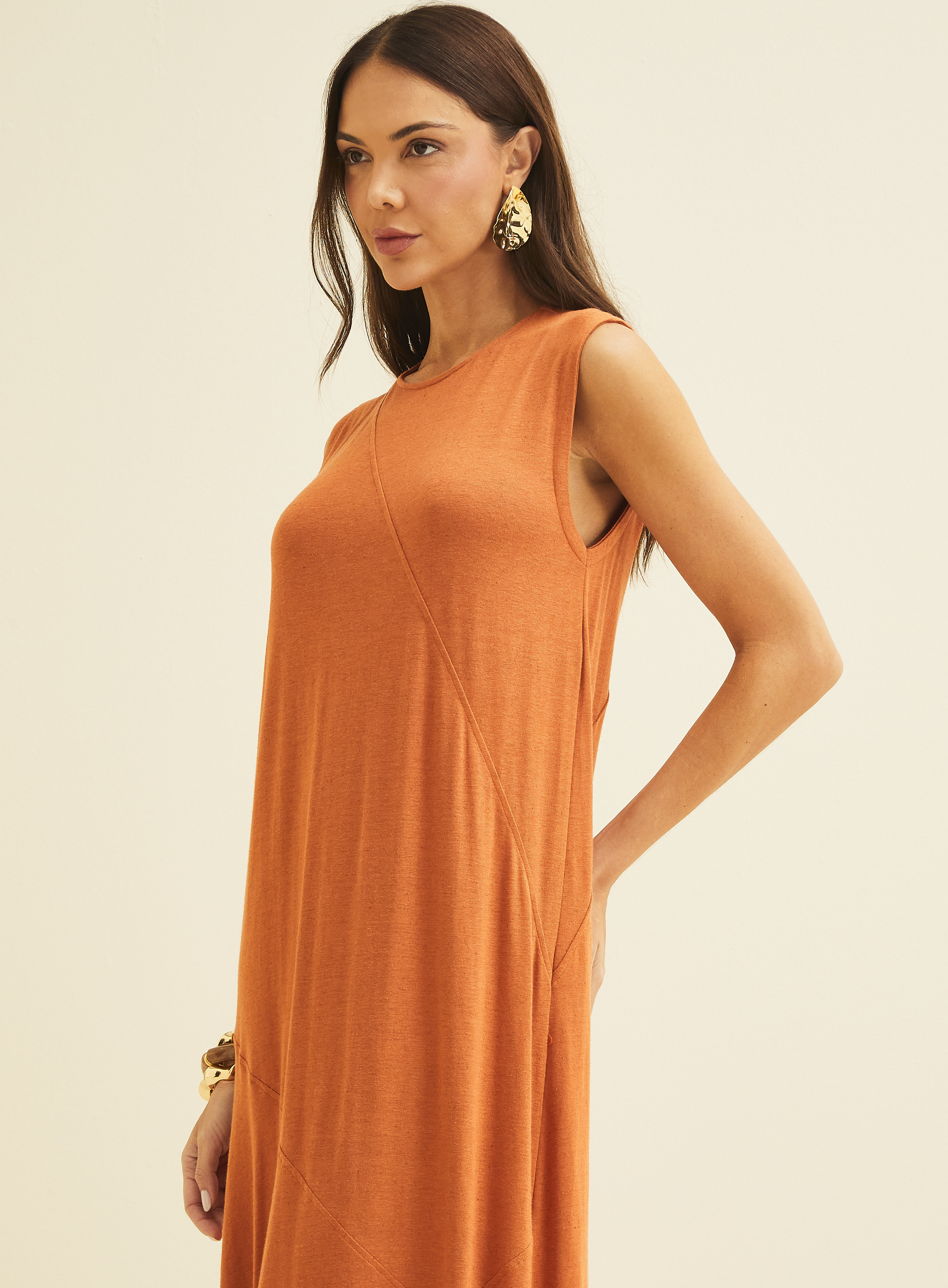 VESTIDO LINHO G MARROM MESCLADO