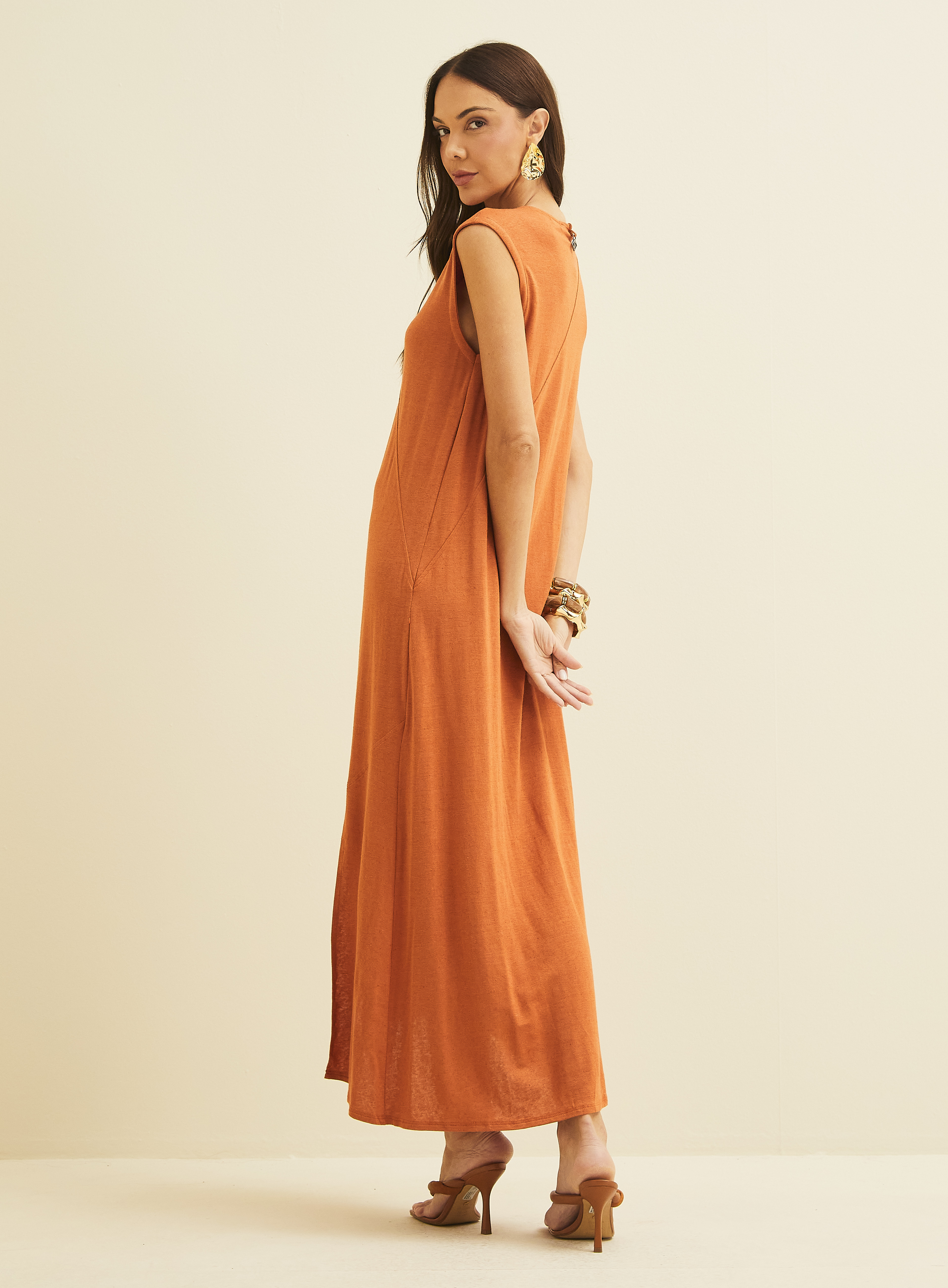 VESTIDO LINHO G MARROM MESCLADO