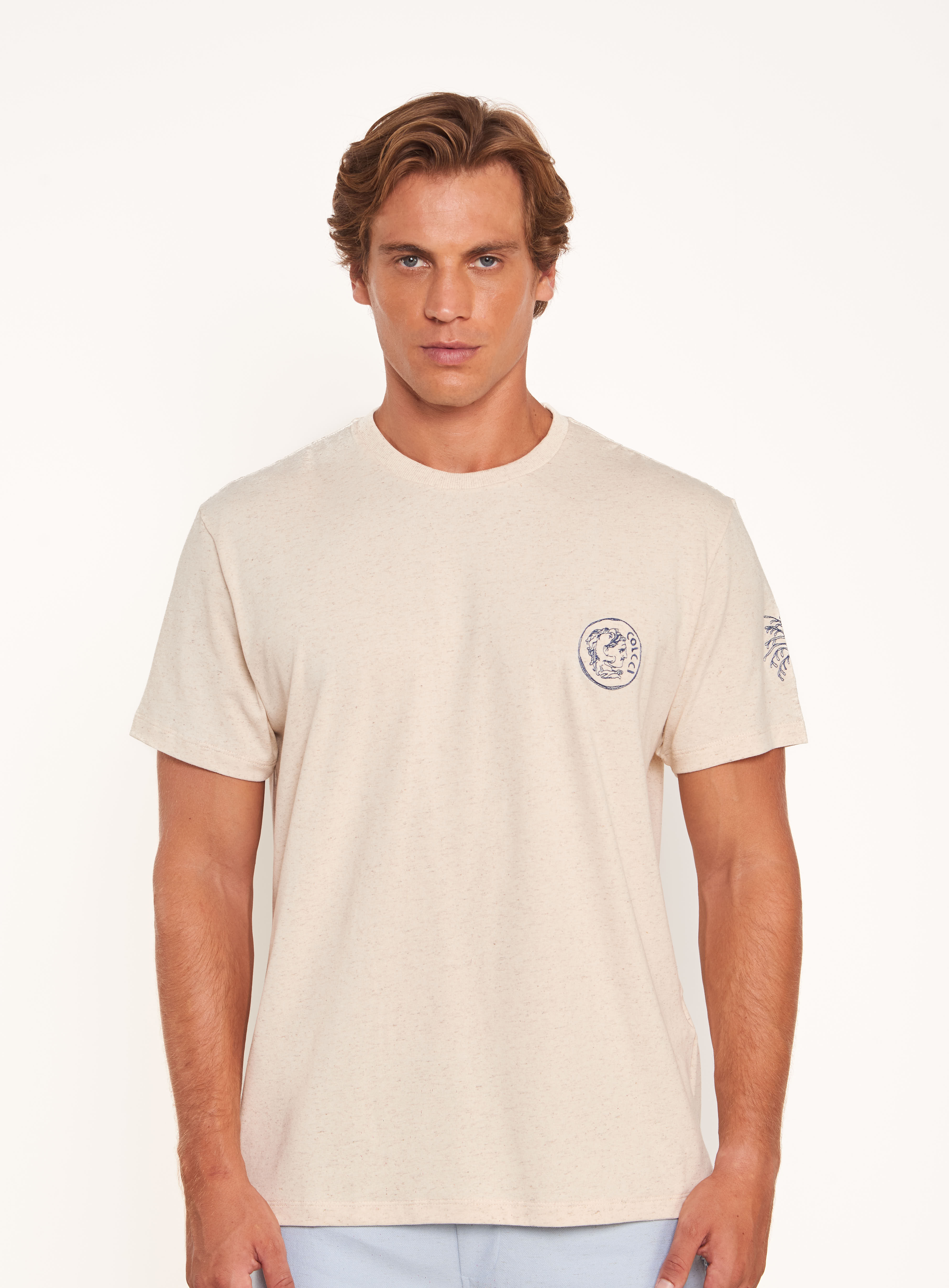 CAMISETA LINHO BORDADA G BEGE/PRETO