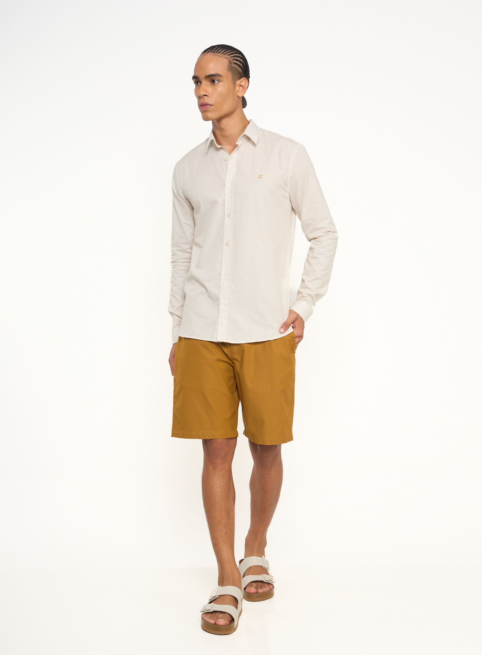 CAMISA WORK FIT LISTRADA G BRANCO/BEGE