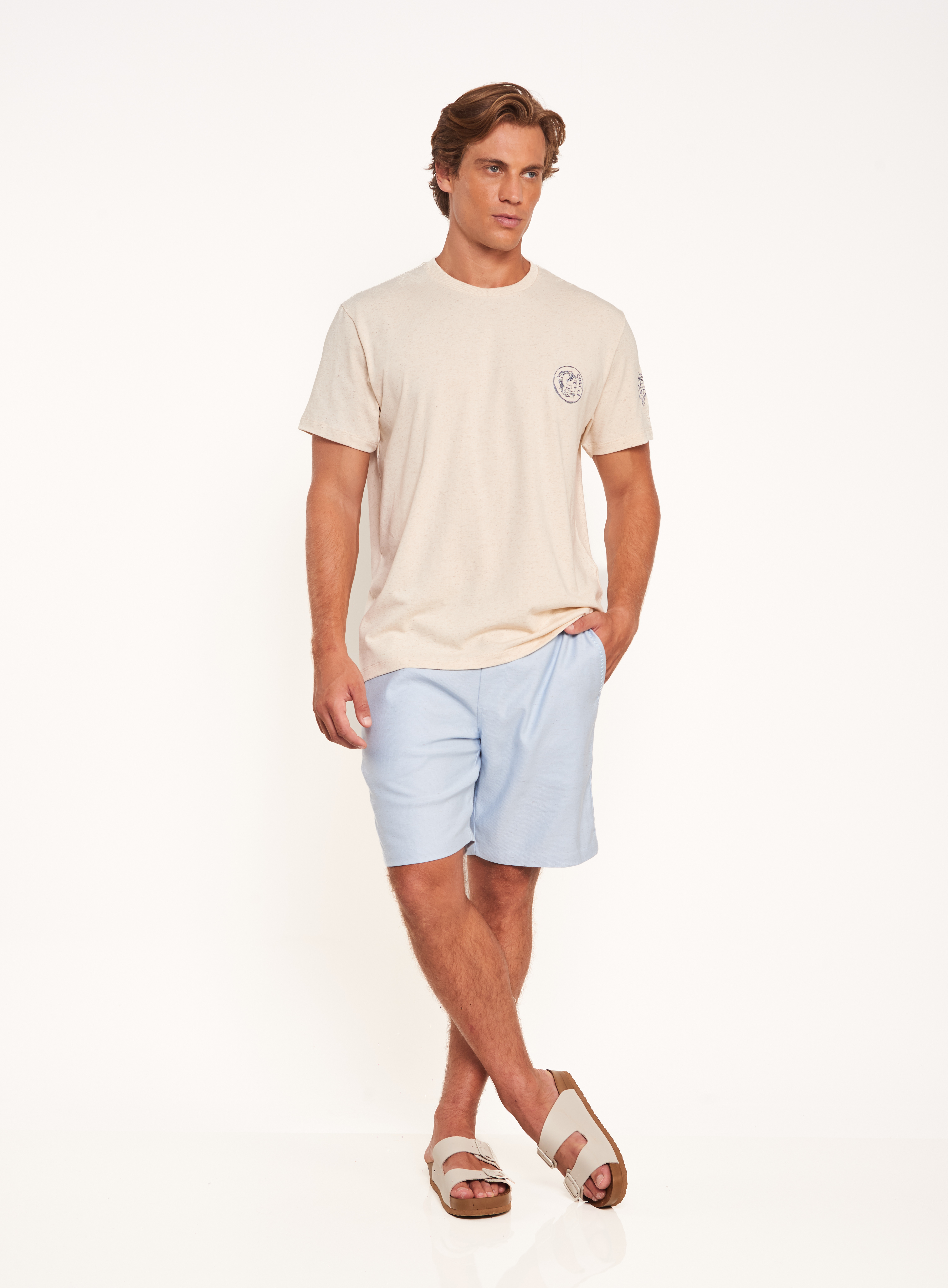 CAMISETA LINHO BORDADA G BEGE/PRETO