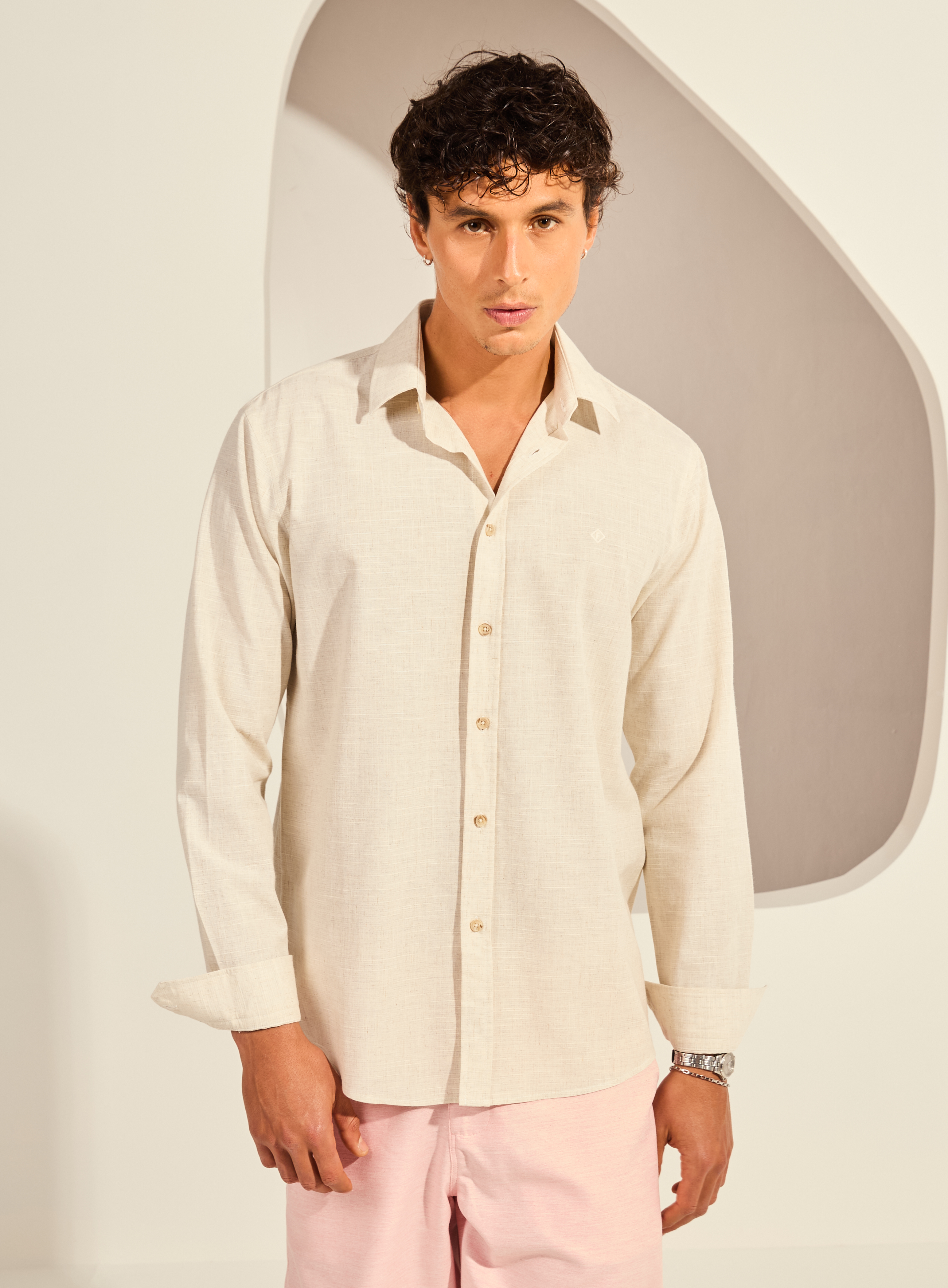 CAMISA LINHO RELAX G BEGE/CINZA