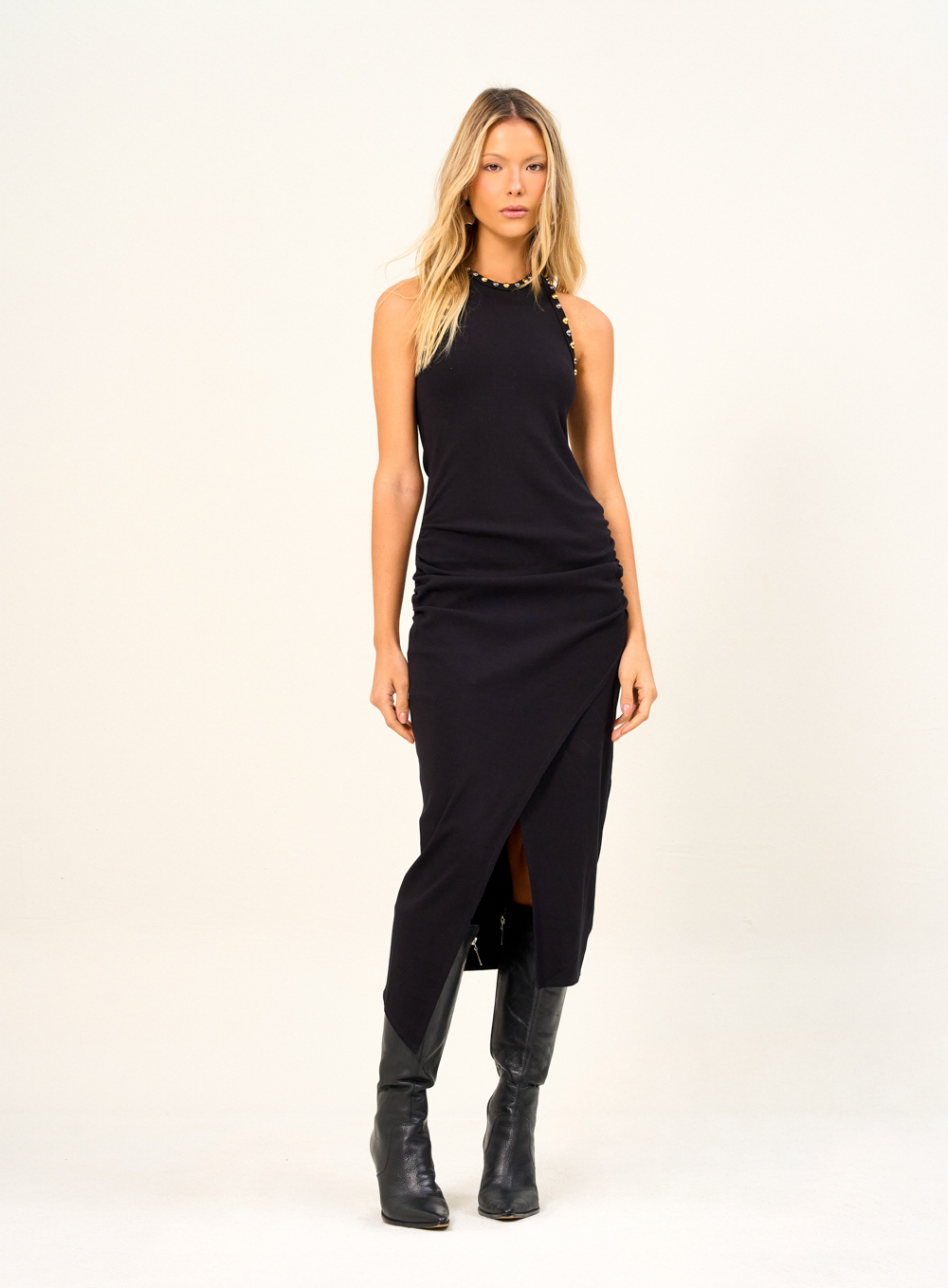 VESTIDO CANELADO COM BORDADO MANUAL GG PRETO