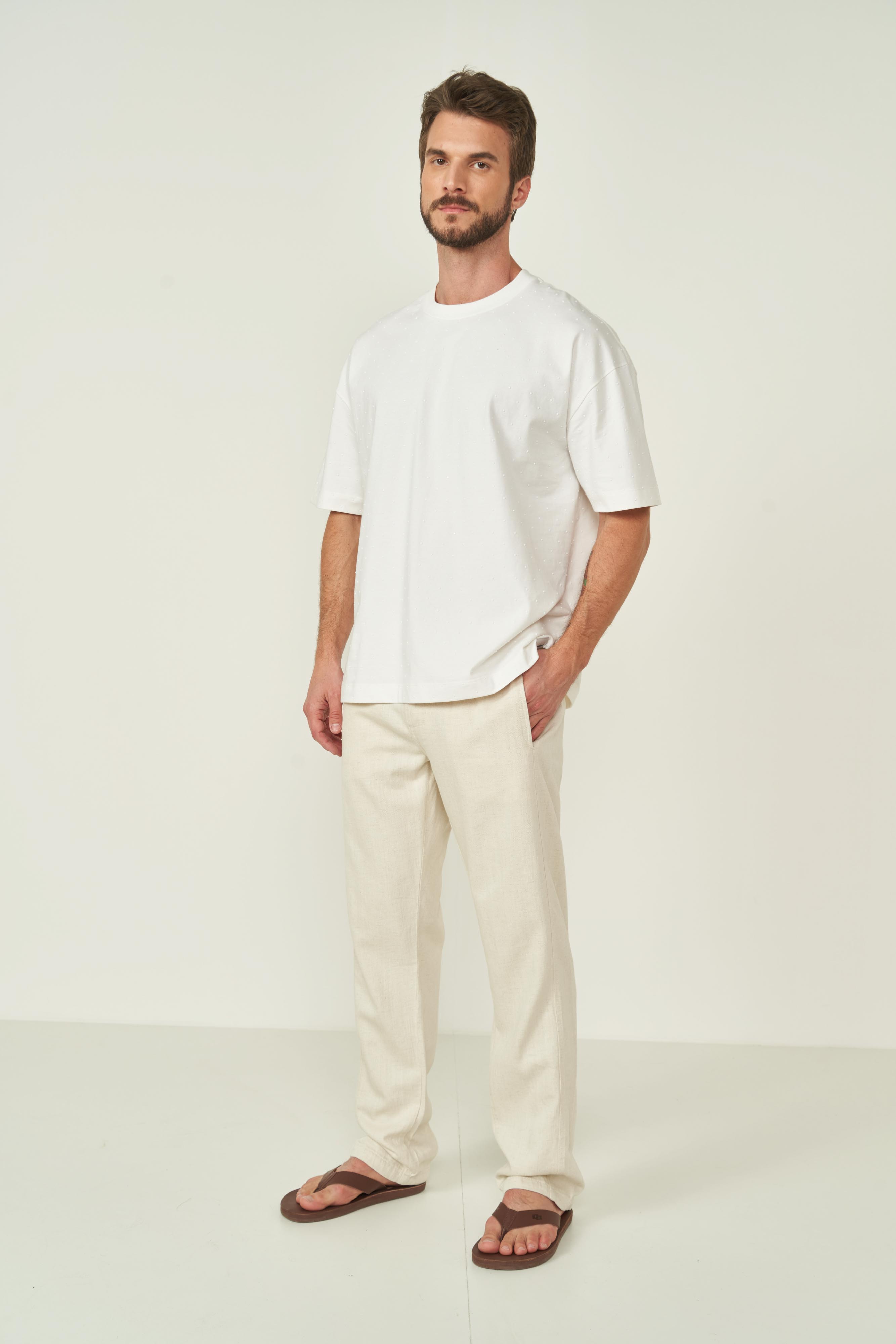CALÇA SARJA LINHO RETA 44 OFF/MARROM